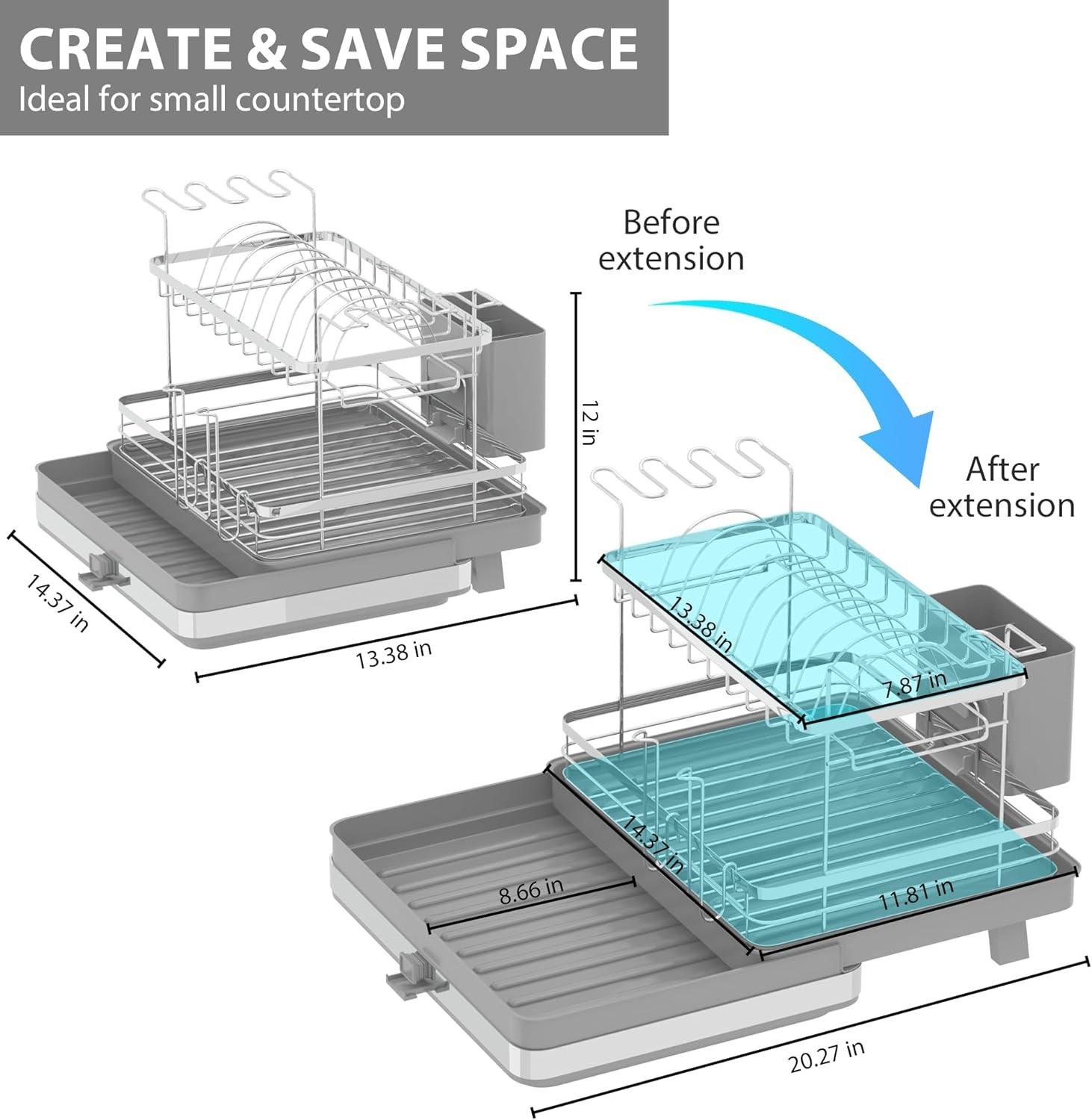 SUSTEAS Dish Drying Rack-Expandable,2 Tier Dish Drying Rack for Kitchen Counter,Large Space-Saving Drying Rack Kitchen,Cups,Utensils,Stainless Steel Dish Drainers for Kitchen Counte,Grey - Image 4