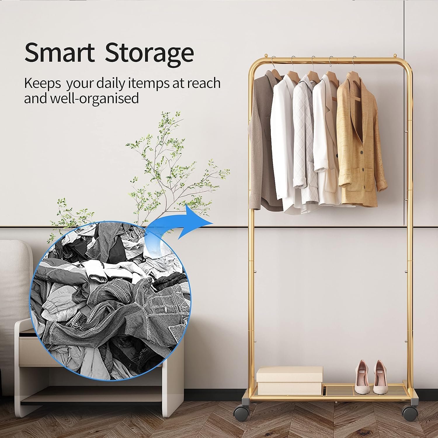 Simple Trending Standard Clothes Garment Rack, Clothing Rolling Rack with Mesh Storage Shelf on Wheels, Golden Yellow - Image 4