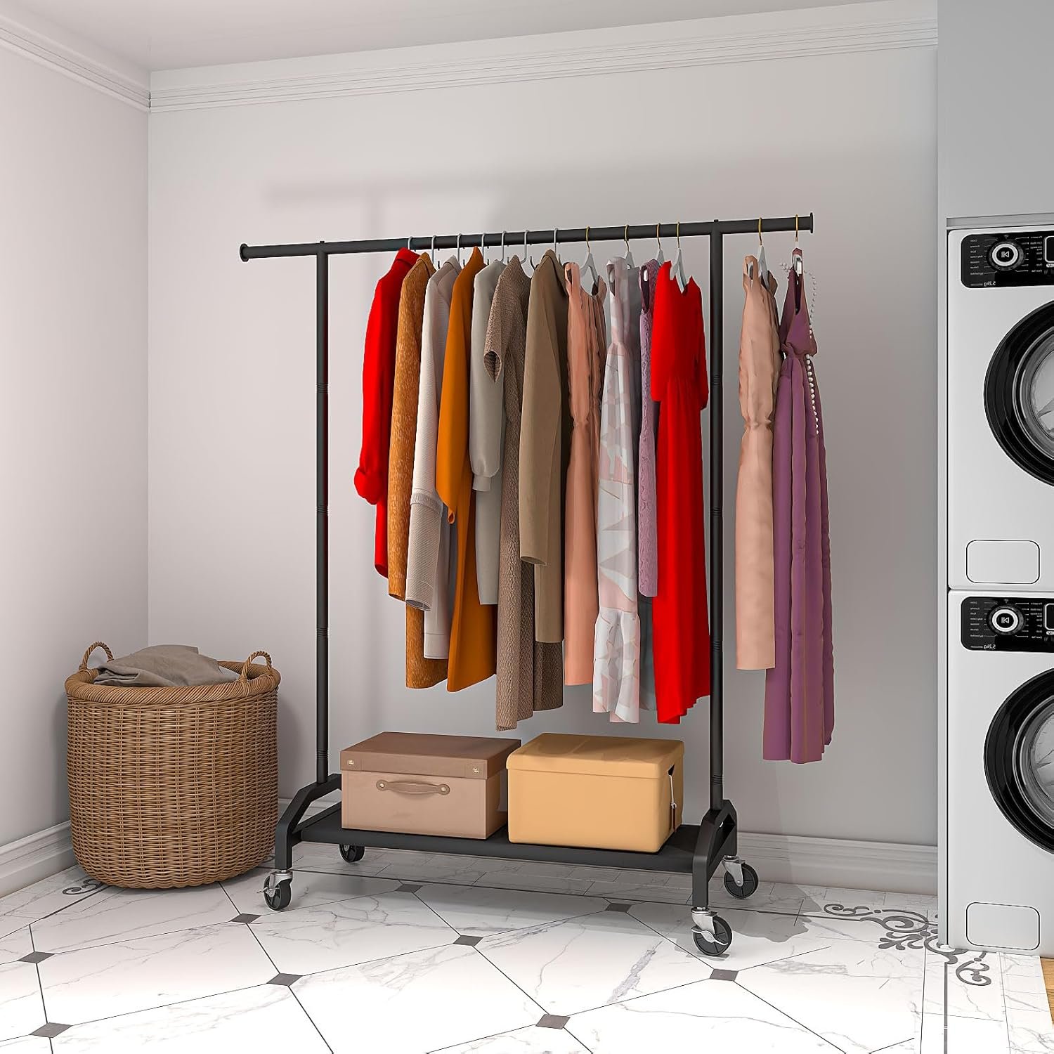 Clothes Rack Clothing Racks for Hanging Rolling Heavy Duty Coat Rack Drying Rack Clothing 200lbs Capacity 3" Industrial Wheels, 1" Pipe,Rolling Garment Rack Black - Image 3