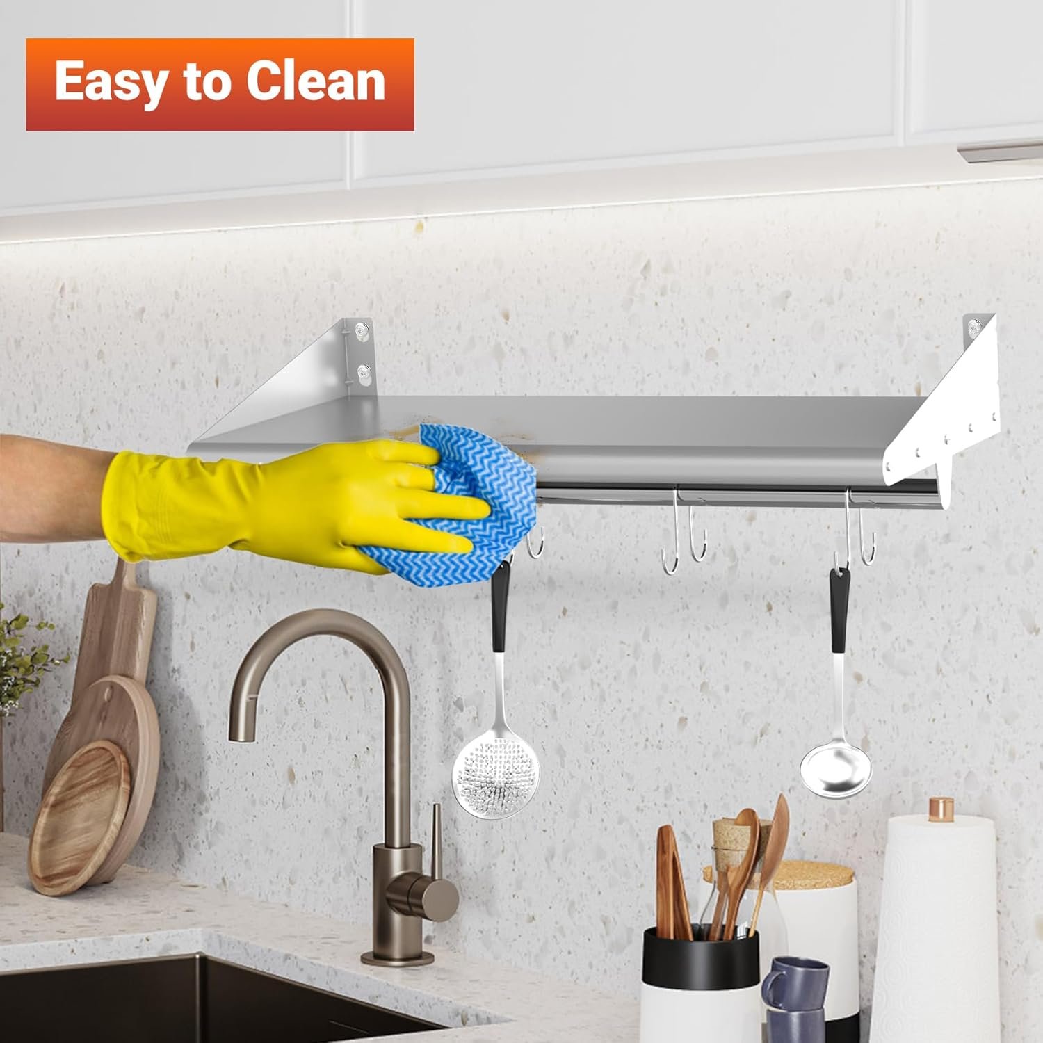 Skyflame 12" x 24" Stainless Steel Shelf with 4 Hooks, Wall Mounted Floating Shelving Storage Rack for Restaurant, Kitchen, Bathroom, Office - Image 6