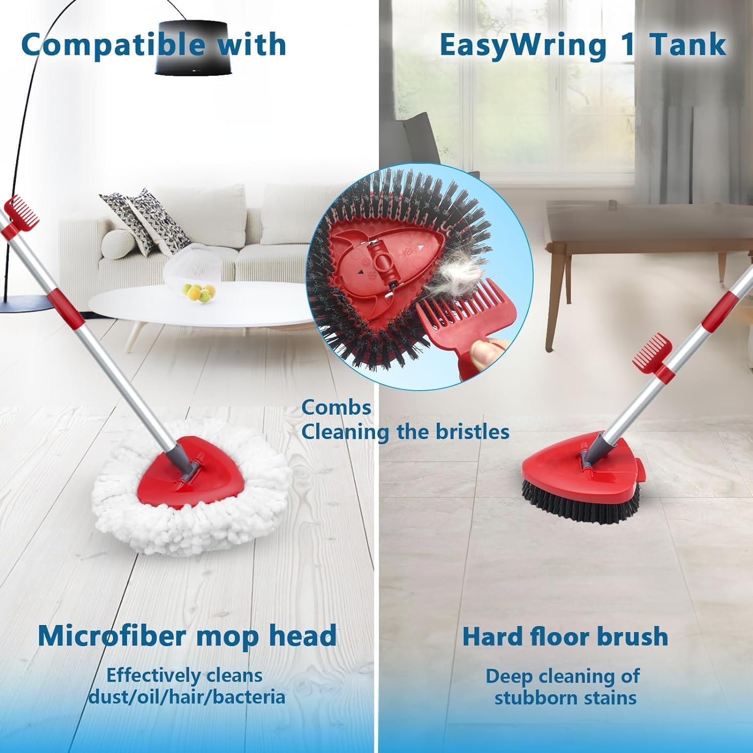 Spin Mop Replace Head Compatible with Ocedar EasyWring 1 Tank, Upgraded Scrub Brush Mop Replacement Head, 2 Microfiber Mop Refills, 1 Mop Handle, 1 Mop Base and 1 Mop Base Cleaning Brush Combo Set - Image 6