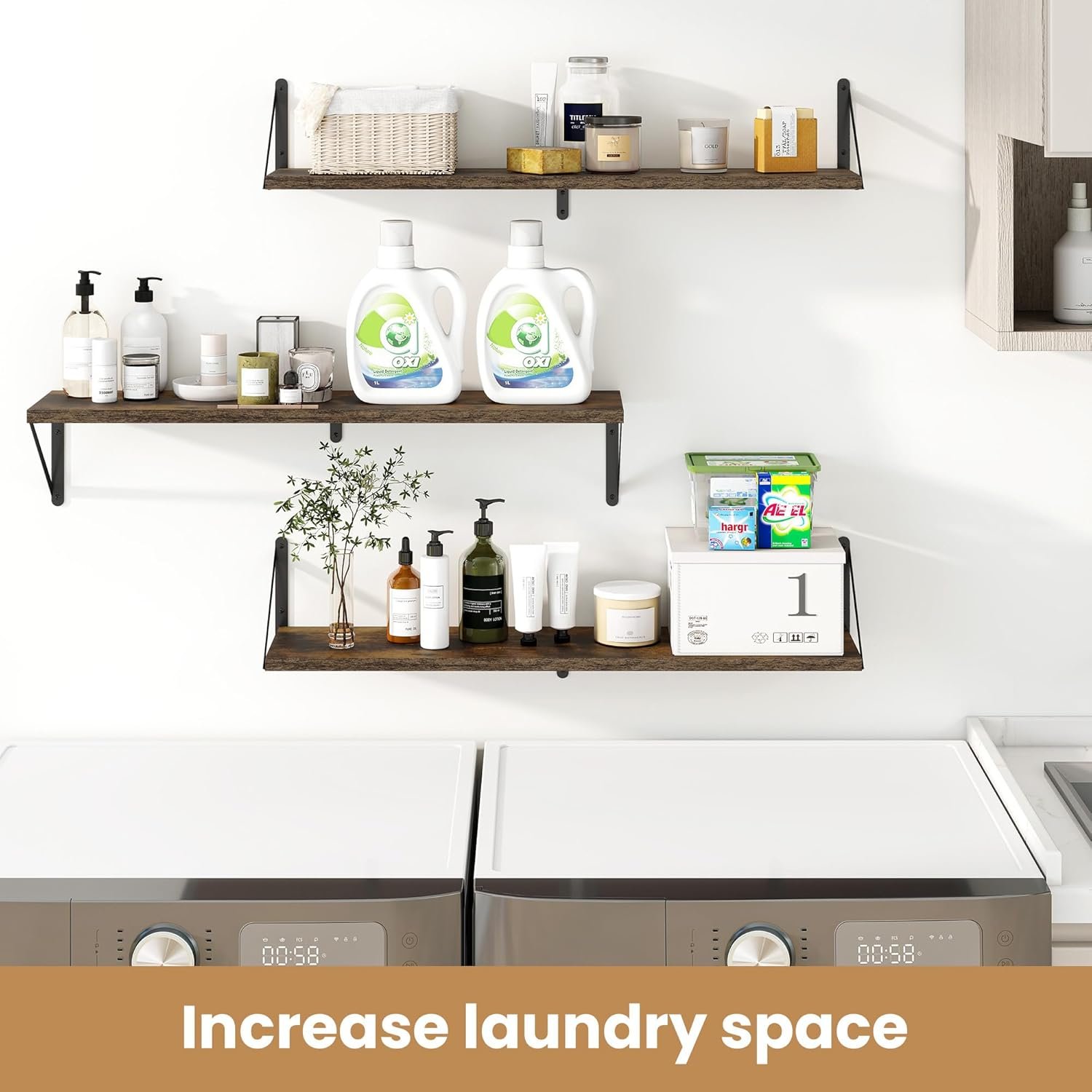 Heimlove Floating Book Shelves for Wall,35.4 Inches Long Wall Mounted Bookshelves,Heavy Duty Bracket Shelves for Living Room Kitchen,Laundry Room Storage & Decor,Set of 3,Rustic Brown - Image 5