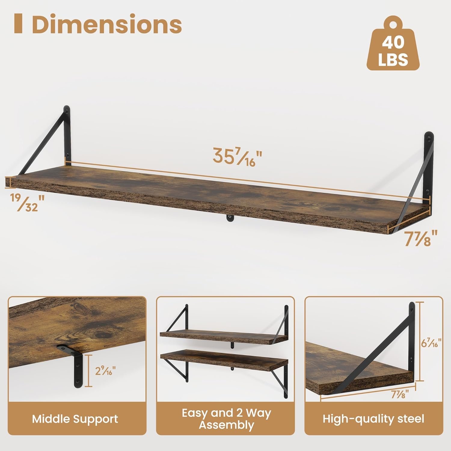 Heimlove Floating Book Shelves for Wall,35.4 Inches Long Wall Mounted Bookshelves,Heavy Duty Bracket Shelves for Living Room Kitchen,Laundry Room Storage & Decor,Set of 3,Rustic Brown - Image 4