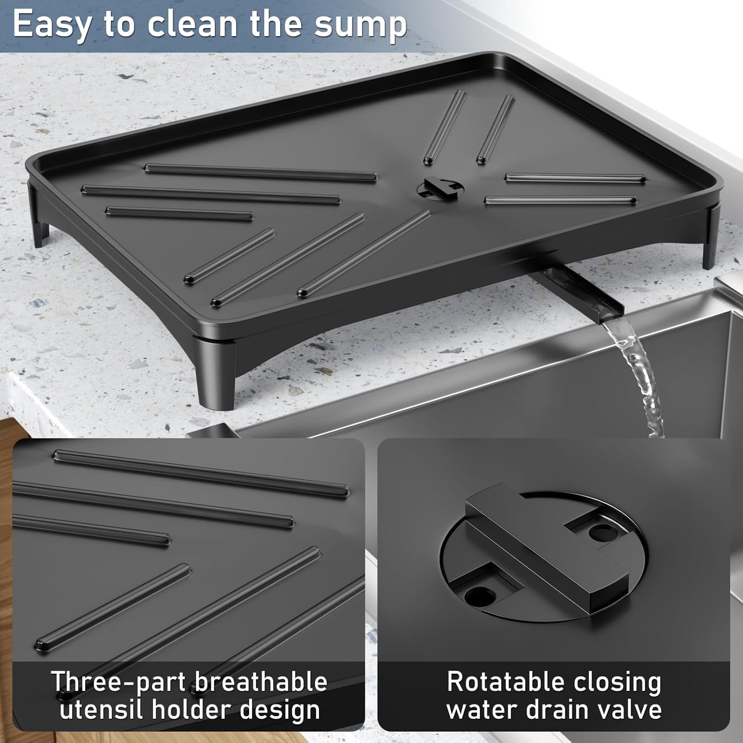 Black Stainless Steel Dish Drying Rack for Kitchen Counter, Space-Saving Dish Drainer with Drainboard, Utensil Holder & Collapsible Design - Image 3