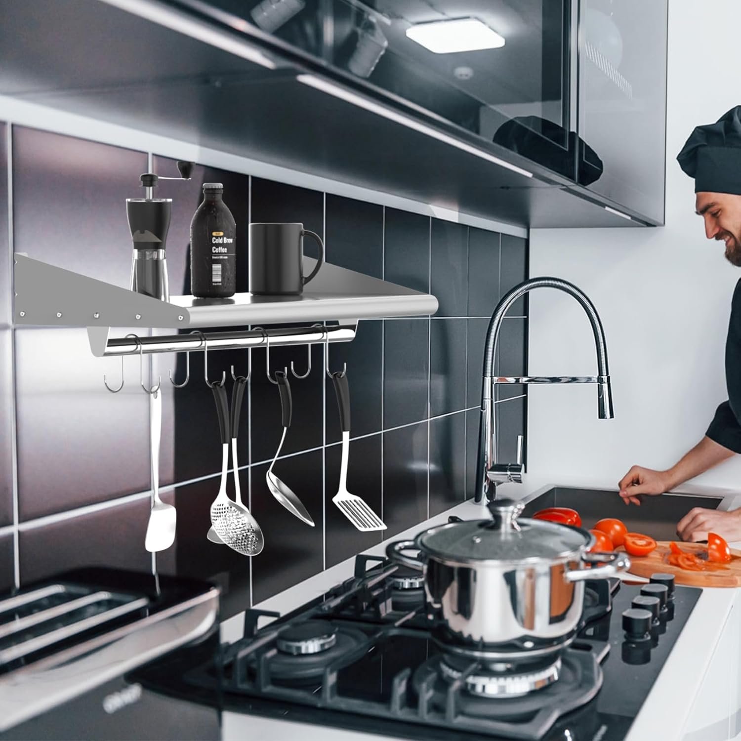 Skyflame 12" x 24" Stainless Steel Shelf with 4 Hooks, Wall Mounted Floating Shelving Storage Rack for Restaurant, Kitchen, Bathroom, Office - Image 3