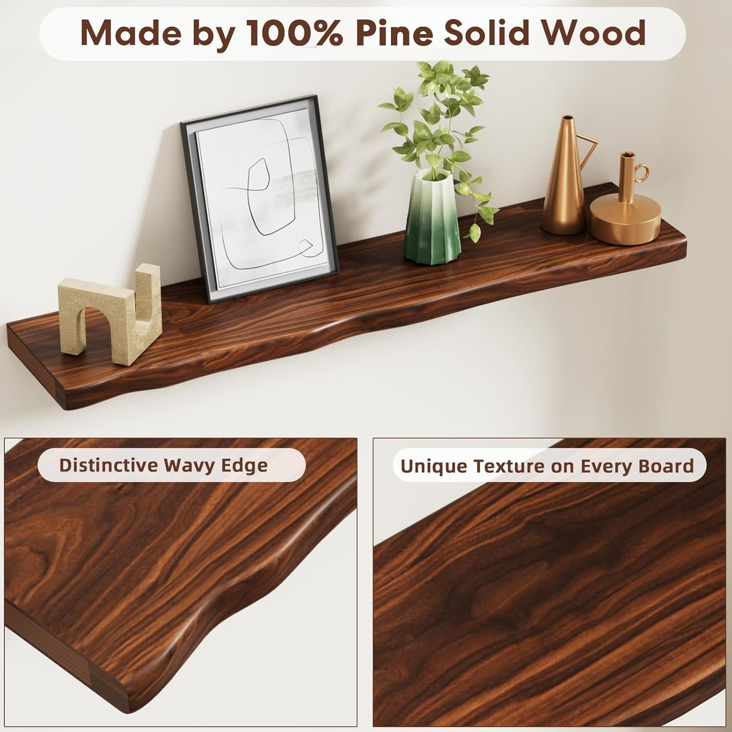 Floating Shelves for Wall Rustic Farmhouse 36 Inch Floating Shelf Bathroom Wooden Shelves for Wall Mounted Live Edge Pine Shelf with Unique Natural Grain for Living Room Bedroom Kitchen (Walnut) - Image 5