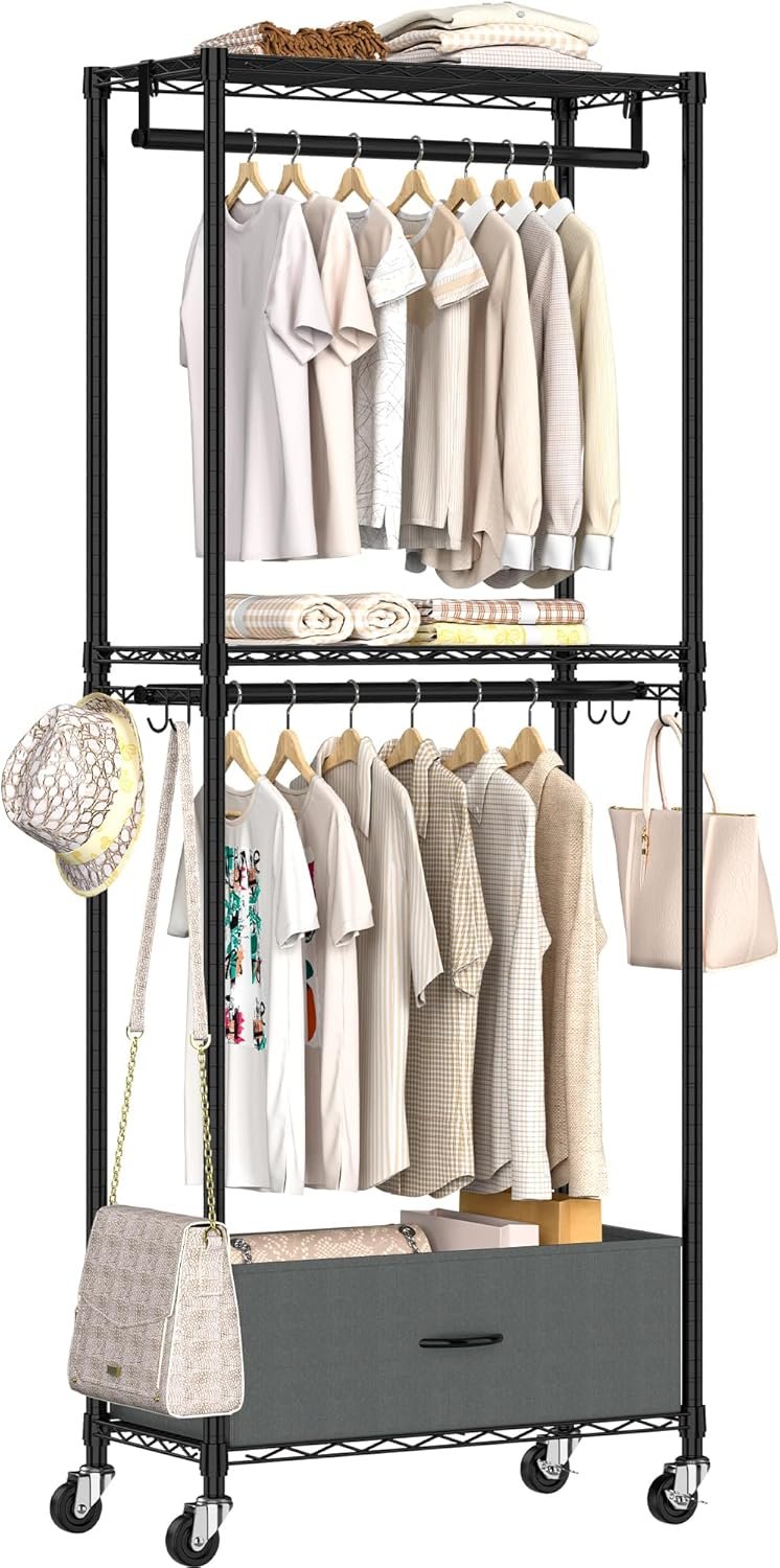 Rolling Clothes Rack, 3 Tier Garment Rack for Hanging Clothes, Metal Wire Wardrobe with Drawer Rods Portable Closet Organizer Freestanding Clothing Shelf with Wheels, Black - Image 2