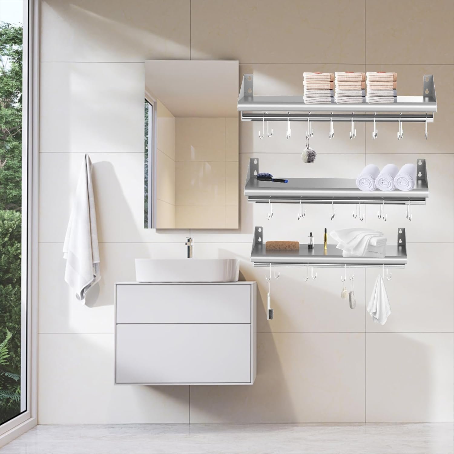 Skyflame 12" x 24" Stainless Steel Shelf with 4 Hooks, Wall Mounted Floating Shelving Storage Rack for Restaurant, Kitchen, Bathroom, Office - Image 8