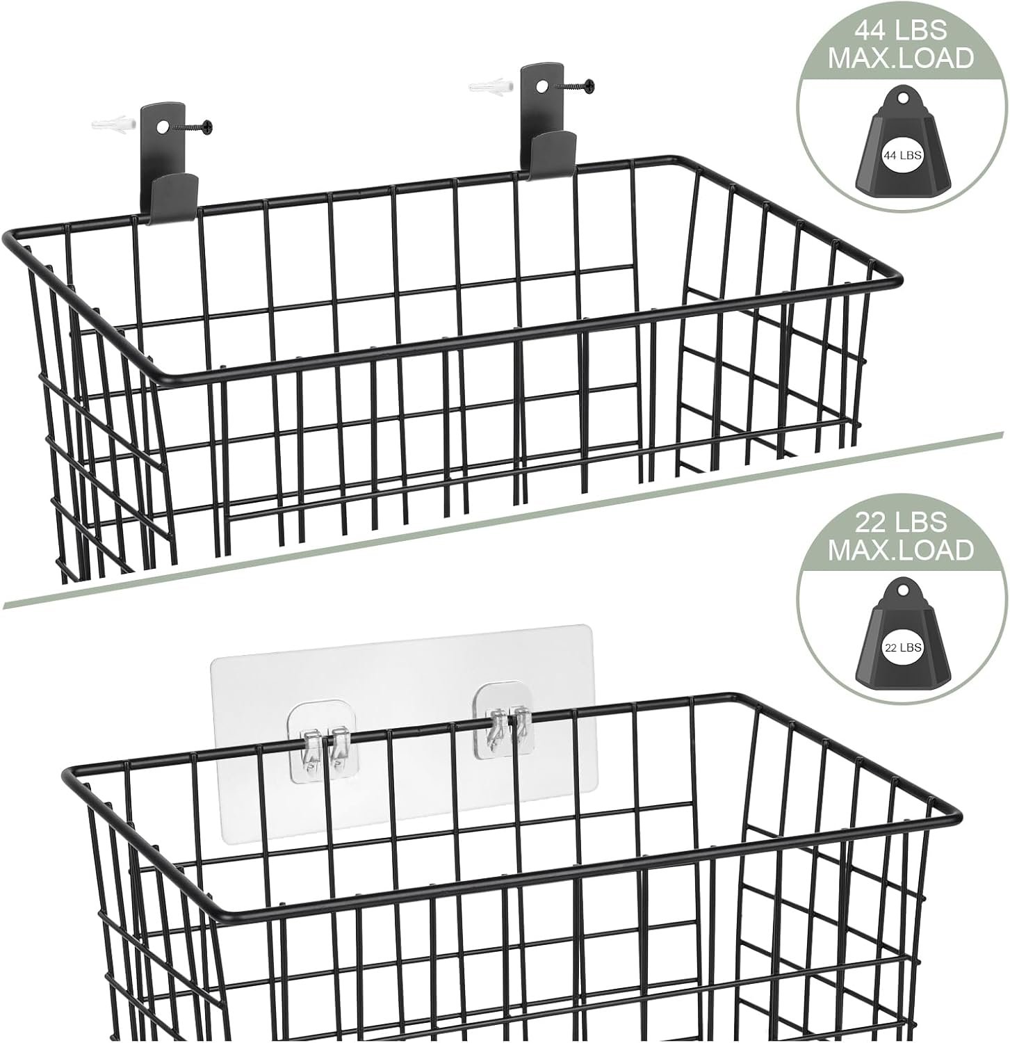 Wall Hanging Baskets 3 Pack, Diversified Wire Basket Shelves of Wooden Style, with Wall Mounted Hooks & Traceless Stickers, for Kitchen Coffee Bar Office Room Garage Storage Organization (Large) - Image 6