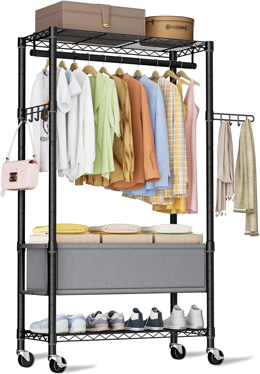 Clothes Rack,Heavy Duty Garment Rack 3 Tier Adjustable With Removable Clothe Basket,Wheels Free Standing Rolling Wire Shelving Clothing Racks for Hanging Clothes Metal Portable Closet - Image 2