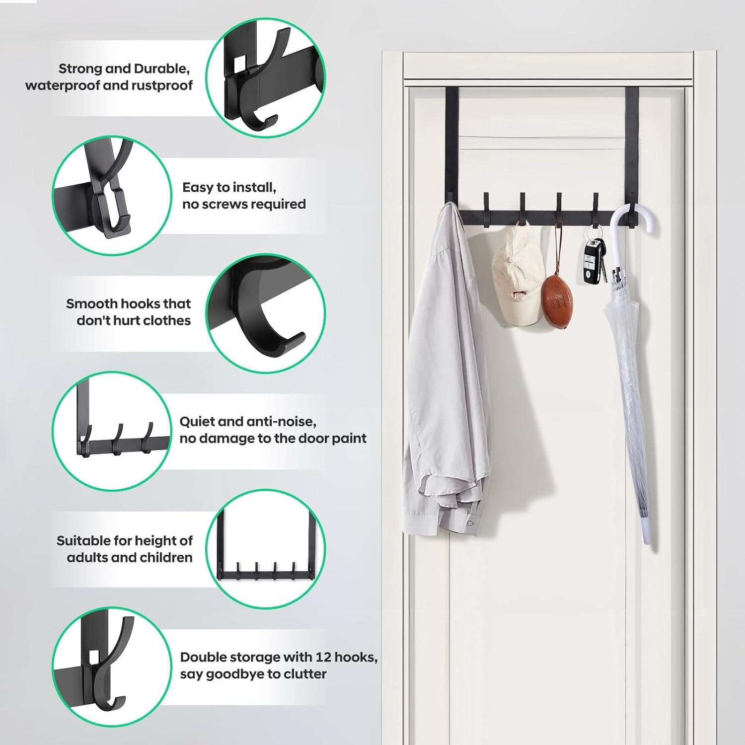 Over The Door Hooks - NO Nail Door Hanger Hook,NO Assembly REQUIERDE Coat Rack on Door with 12 Hooks,Over The Door Towel Racks for Bathroom,Bedroom,Kitchen,Hanging Towels,Coats (Black) - Image 7