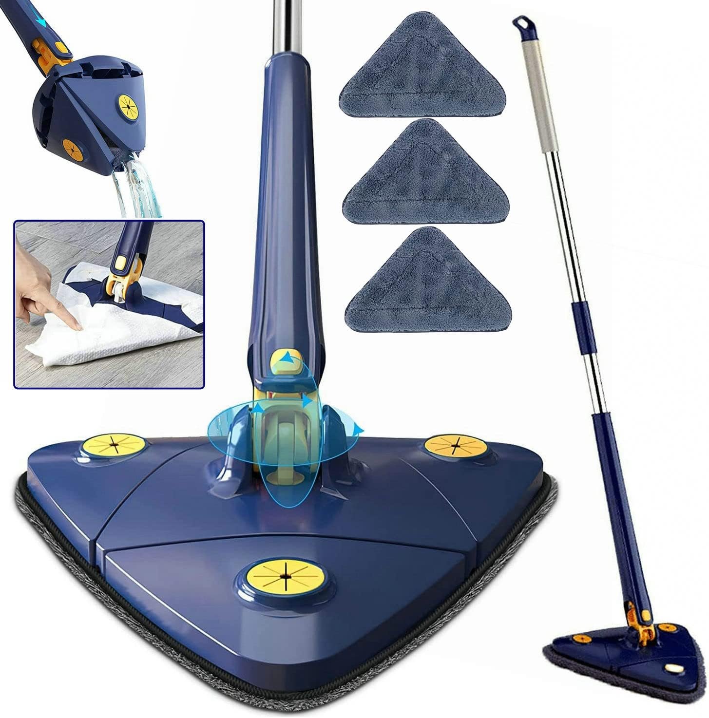 360° Rotatable Adjustable Cleaning Mop Extendable Triangle Mop with Long Handle Hand Twist Quick Dry Multifunctional Microfiber Wet and Dry Clean Floor Wall with 3 Replacement Pads - Image 2