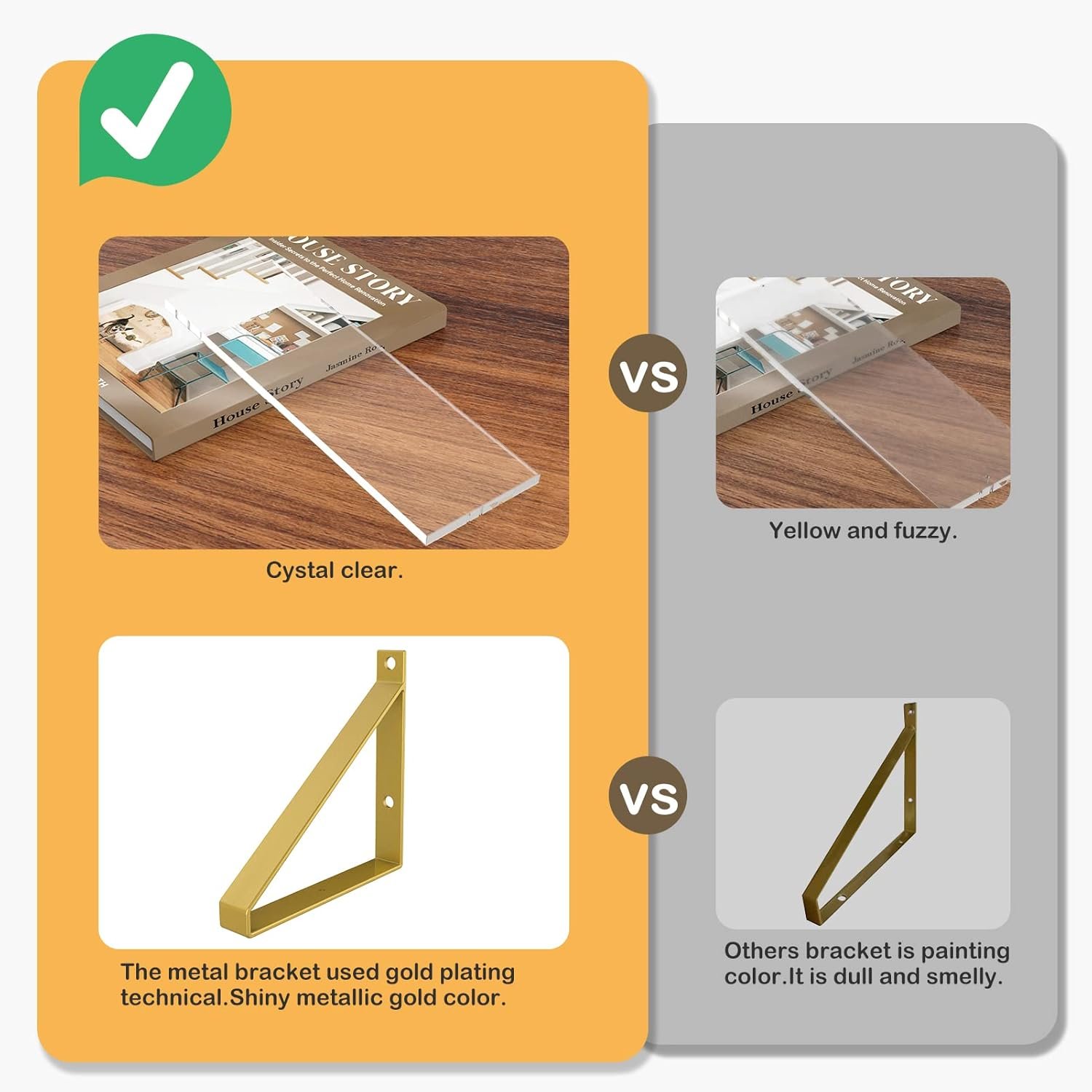 Clear Shelves, Gold Floating Shelves Wall Mounted Set of 2, 8mm Transparent Acrylic, Invisible Wall Shelves for Bedroom, Living Room, Bathroom, Kitchen, Office Display Decor (15in) - Image 5