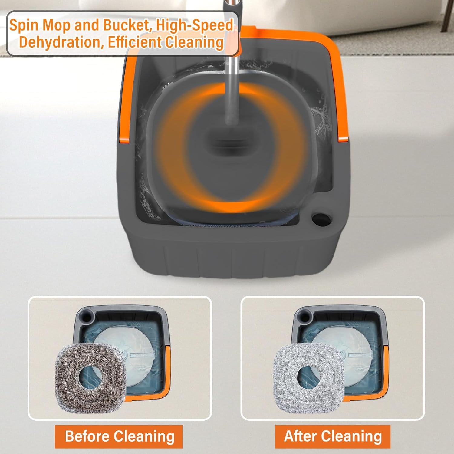 Spin Mop and Bucket Set with Self Separation Dirty and Clean Water System,Self Wringing 360° Rotating Square Clean Mop and Bucket with Wringer,Home Floor Tile Cleaning(3 Thick Mop Pads)(Black) - Image 5