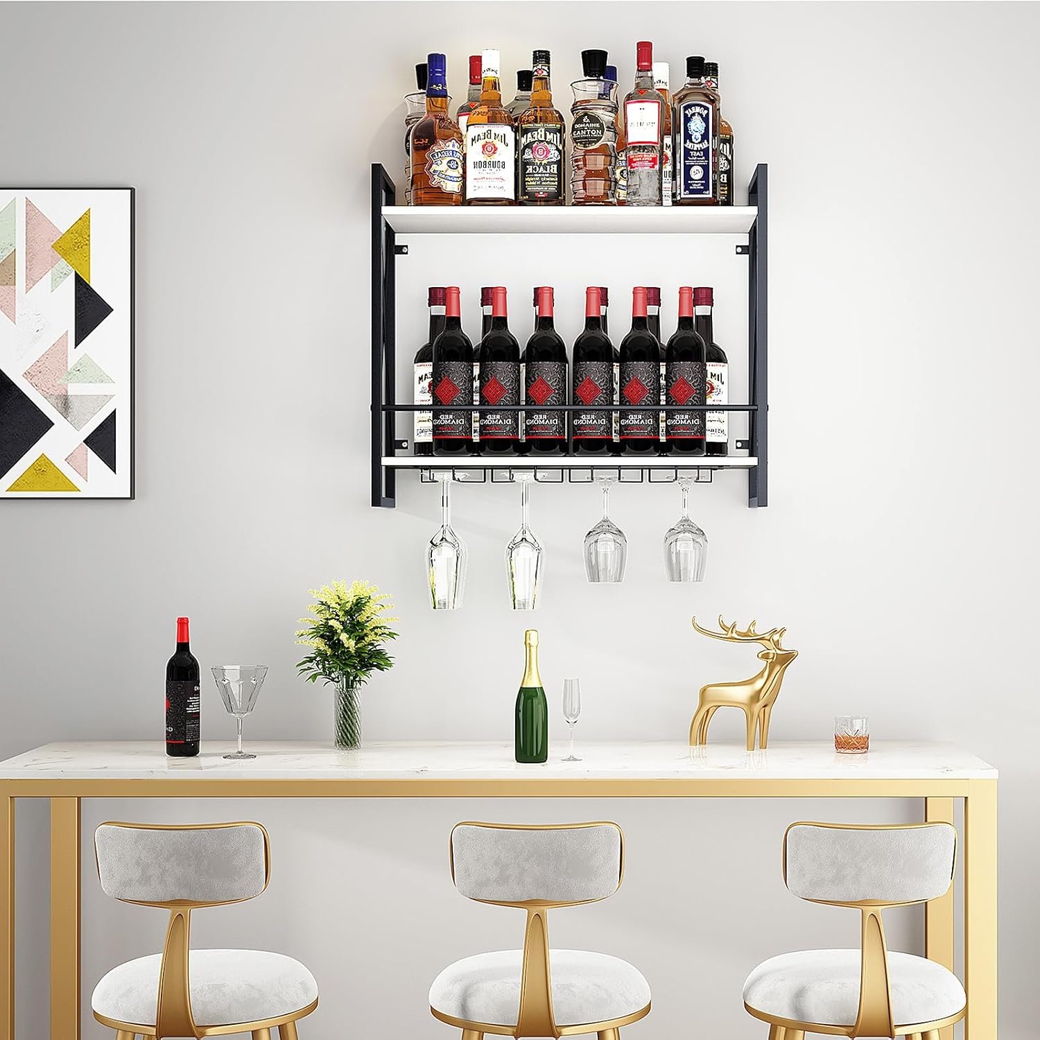 Dokser Wine Rack Wall Mounted 2 Tier Shelf, Wall Wine Rack with Rustic Wood & Industrial Iron Frame, Wine Bottle Holder for Kitchen, Dining Room, Home Bar Decor (White) - Image 5