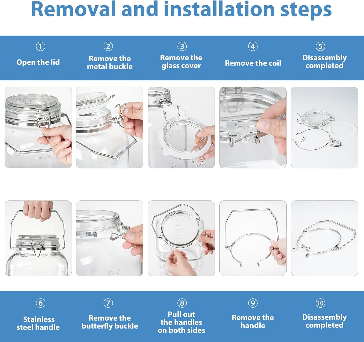 2 Gallon Glass Jar with Airtight Lid, 1 Pack Glass Storage Jars with Sturdy Stainless Steel Handle(256 FL Oz), Wide Mouth Jar, Flour Sugar Storage Containers for Rice, Cereals, Oats, Flour - Image 8