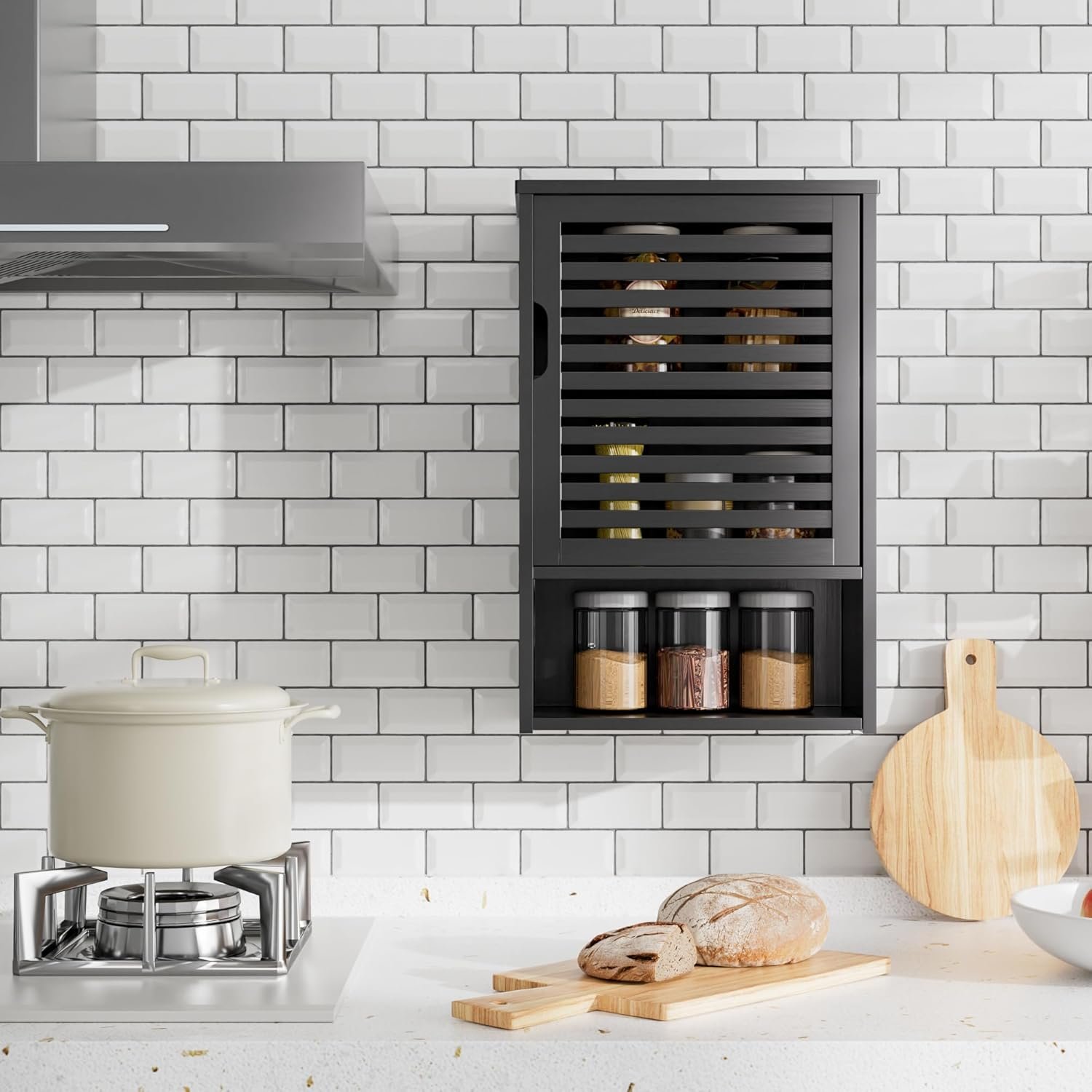 HITNET Bathroom Storage Cabinet Wall Mounted, Hanging Medicine Cabinet with Adjustable Shelf, Over The Toilet Space Saver Organizer, Black Bamboo Kitchen Cupboard, Single Door - Image 5