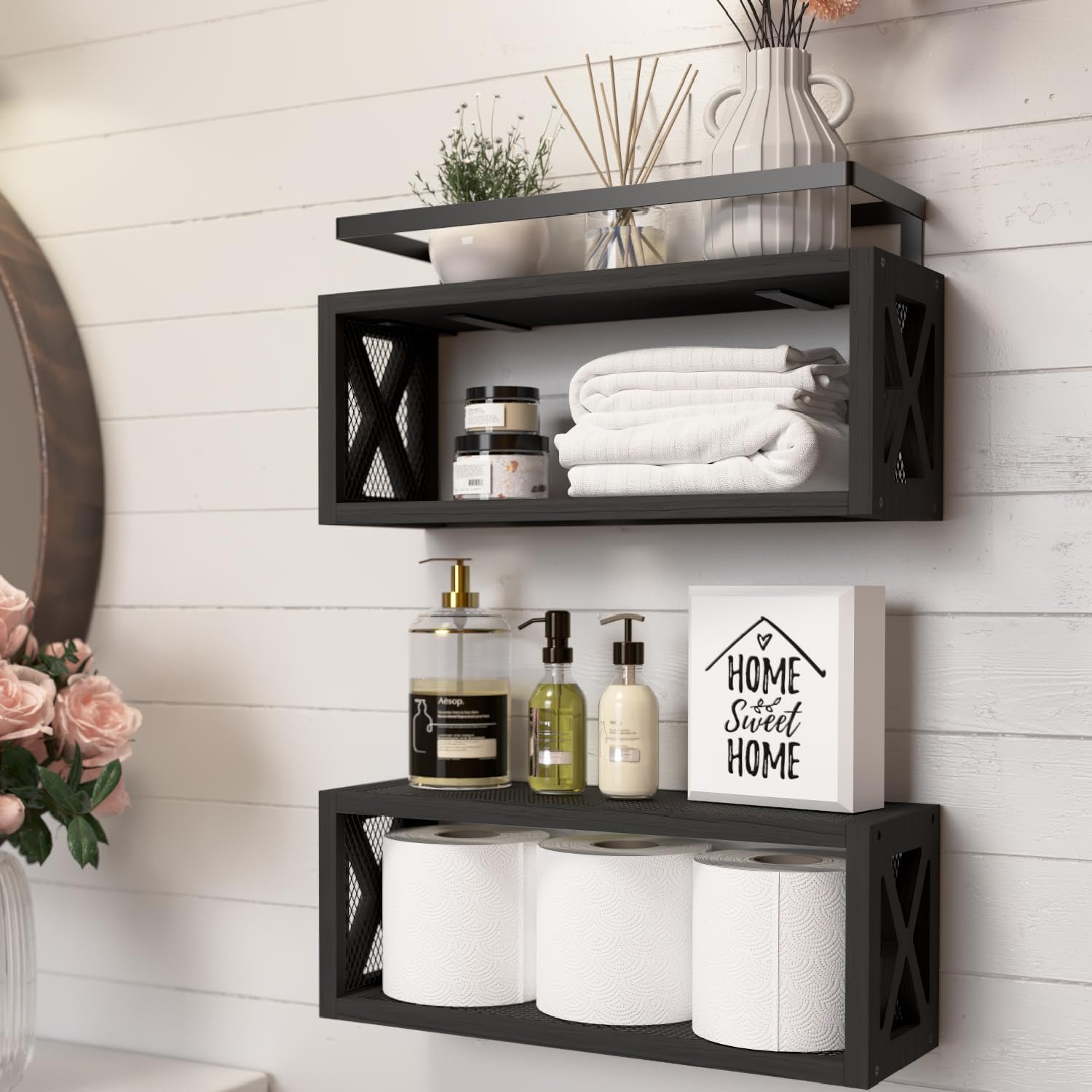 RICHER HOUSE Floating Shelves with Guardrail, Rustic Wood for Wall Décor, Farmhouse Bathroom Accessories Mounted, Organizer over Toilet Storage, Kitchen, Living Room - Black, R-0A340430102 - Image 2