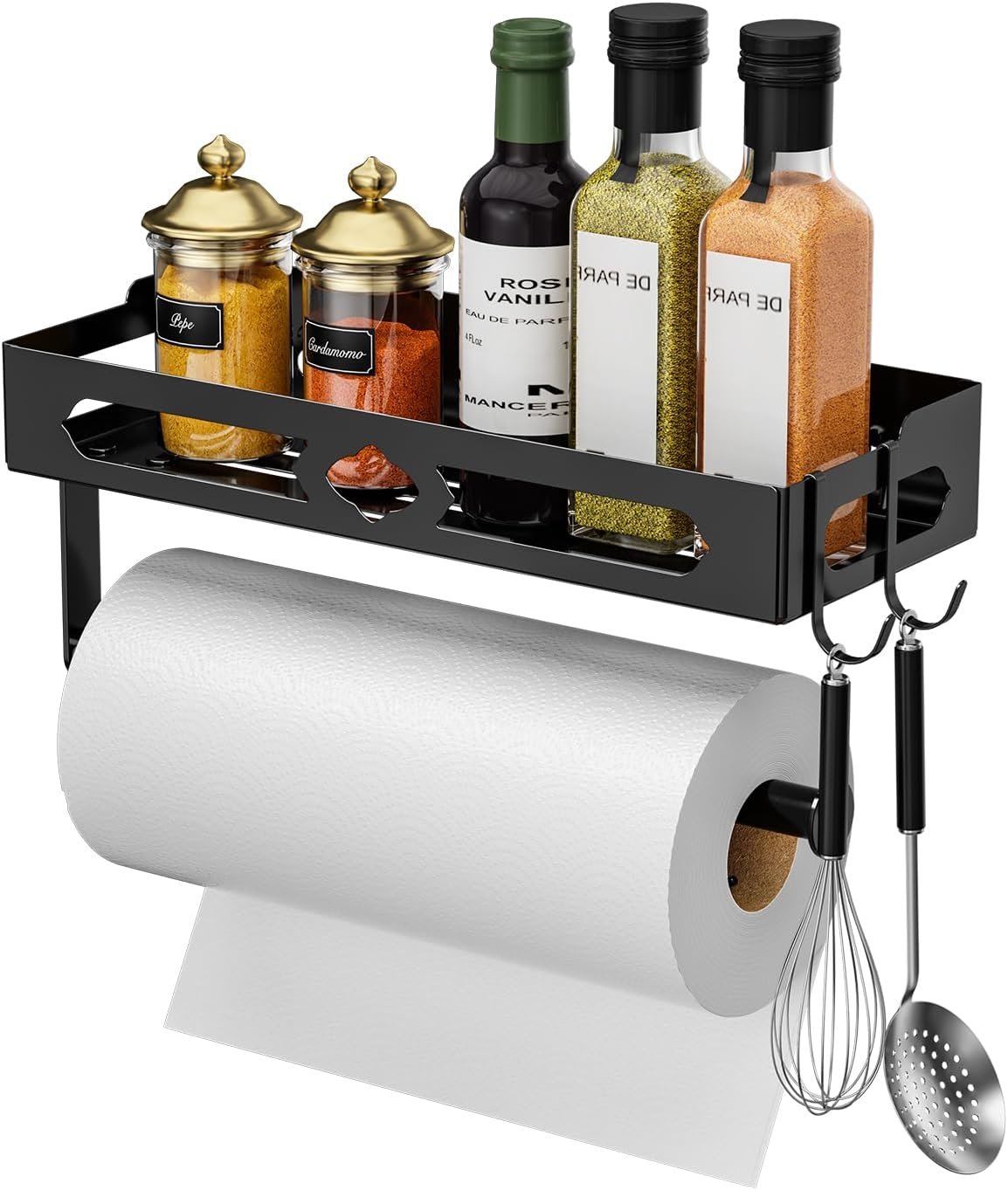 Paper Towel Holder with Shelf for Bathroom, Kitchen Paper Holder Spice Rack Paper Towel Roll Holder Wall Mounted Paper Towel Holder with 2 Hooks(2 Installation Methods - Self-Adhesive and Drilling) - Image 2