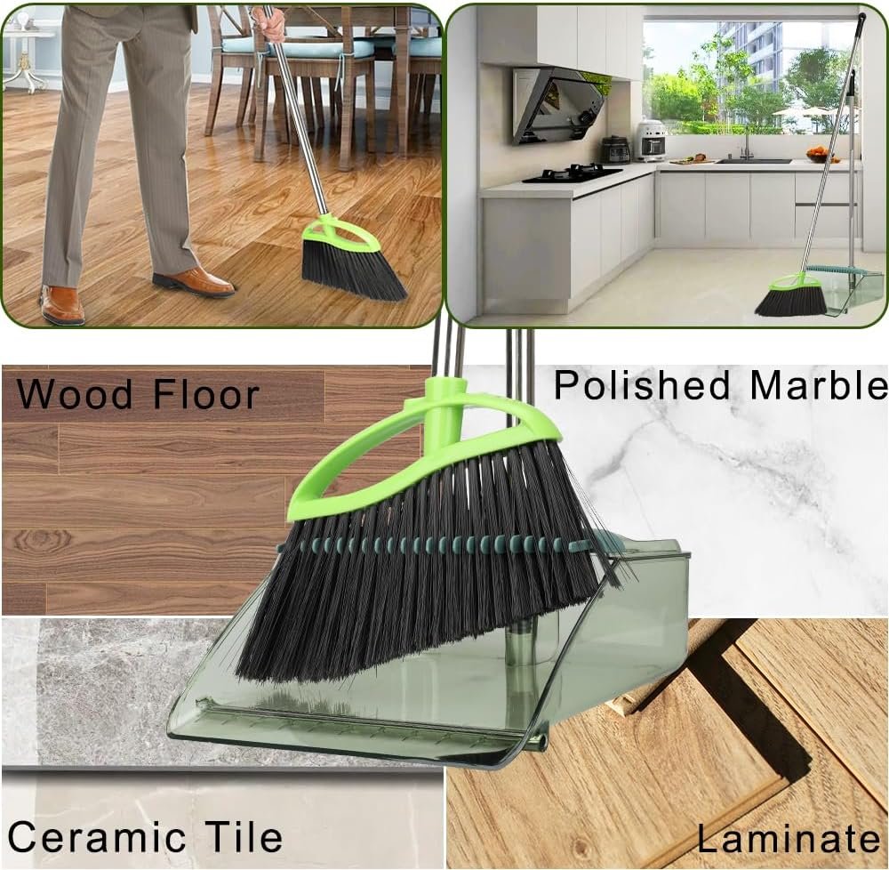 Soft Bristles Green Angle Broom and Dustpan Set, Long Handle Household Indoor Broom with Dustpan Combo Set for Room Kitchen Lobby Office Hardwood Floor Sweeping Floor Cleaning - Image 7
