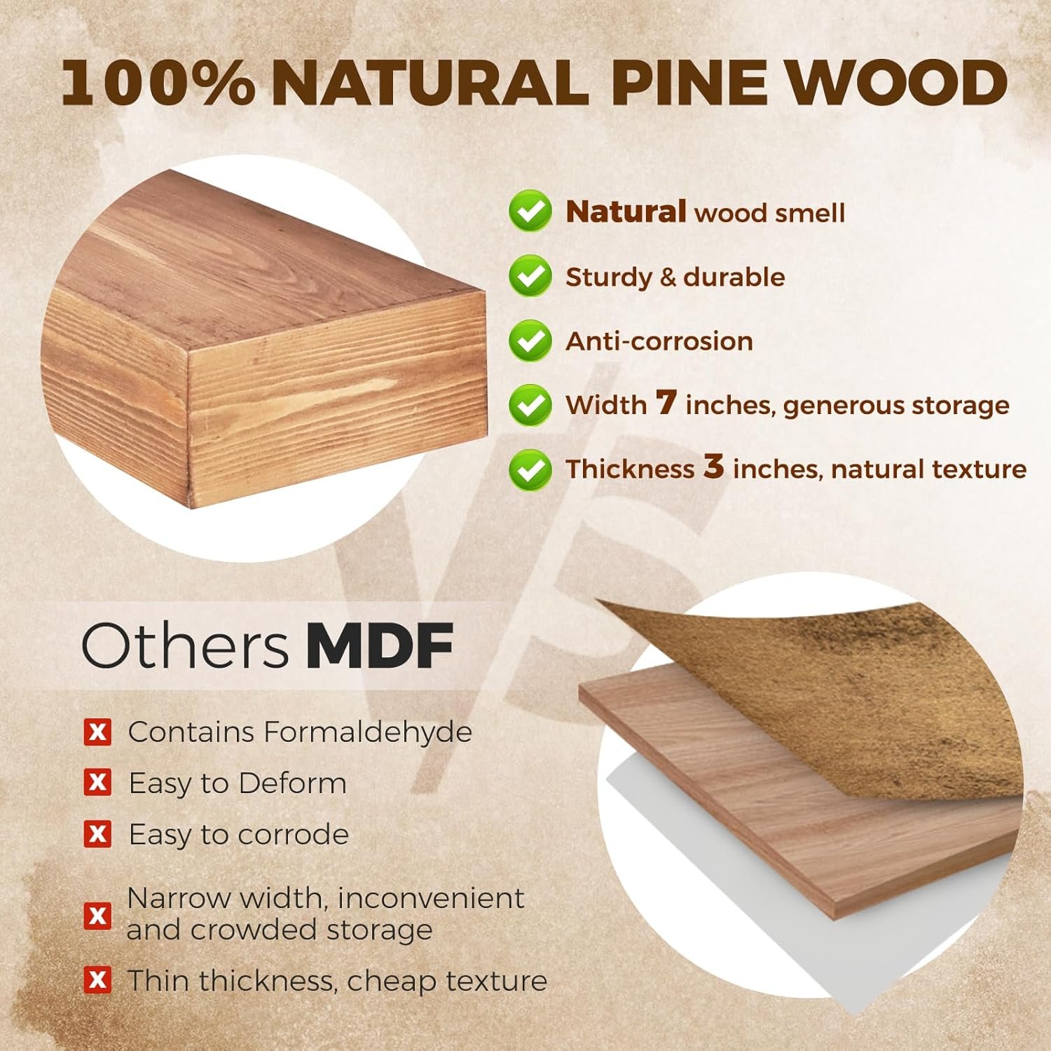 17x3x7 inch Floating Shelves Wall Mounted - Set of 2 Wood Rustic Solid Wood Wall Shelf - Heavy Duty Decorative Fireplace Mantel for Living Room, Bedroom, Bathroom, Kitchen - Image 4