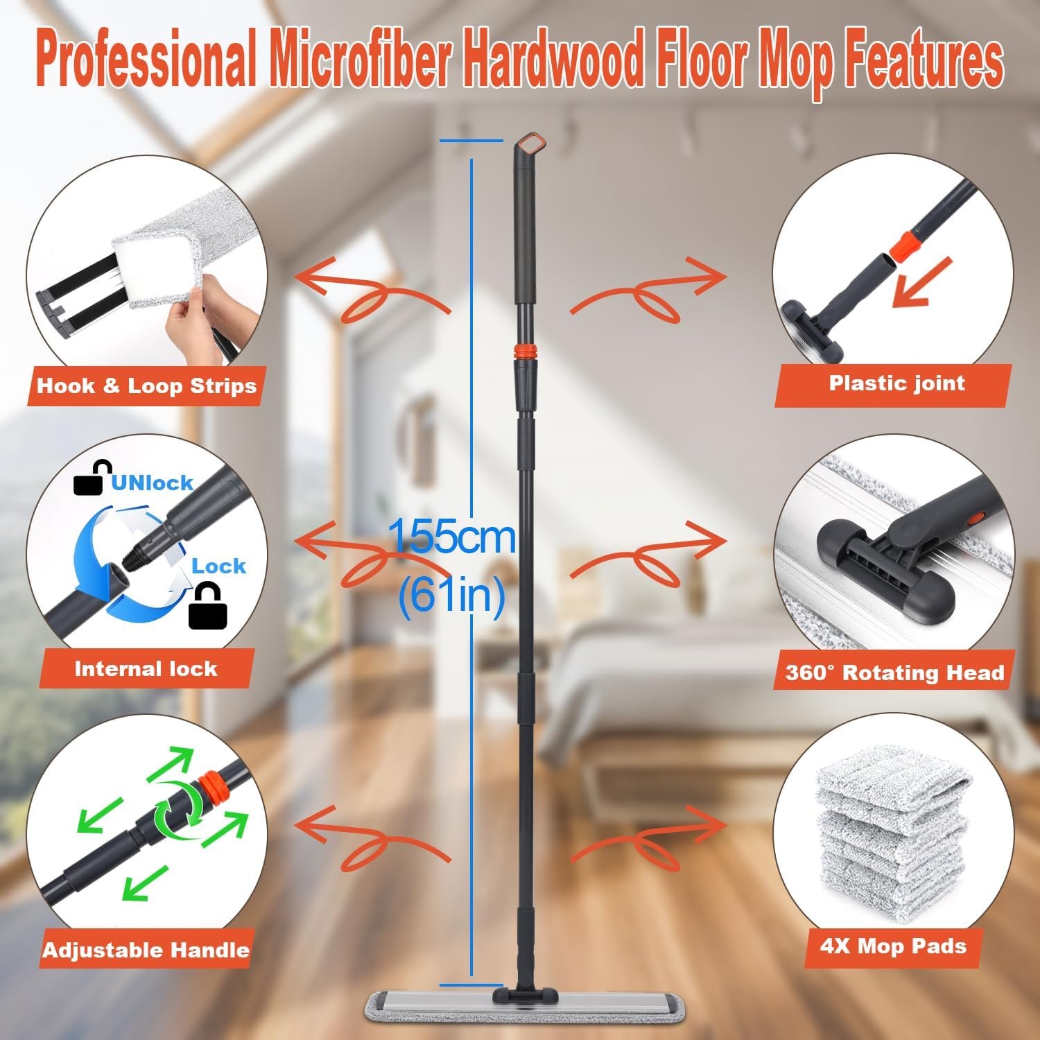 18 Professional Microfiber Mop Large Flat Mops for Floor Cleaning 4 Reusable Washable mop Pads Hardwood Cleaning System Wet and Dust Mop with 61in Long Stainless Steel Handle - Image 3
