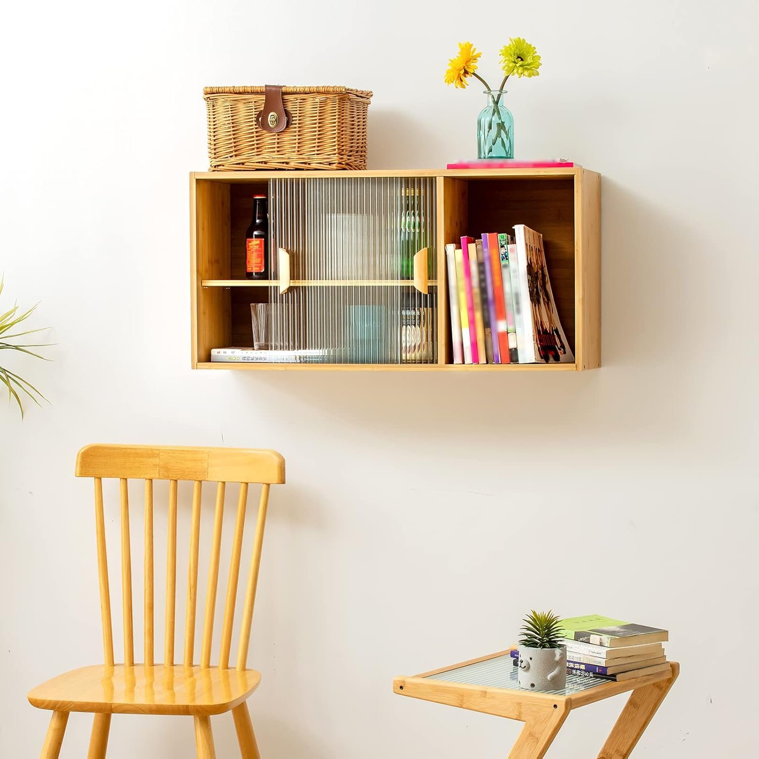 HollyHOME Bamboo Wall Mounted Kitchen Pantry Sideboard with 2 Doors and Adjustable Shelves, Freestanding Wall Storage Cabinet with Shelf for Bottle, Dish, Bowl, Console Dining Cupboard, Burlywood - Image 7