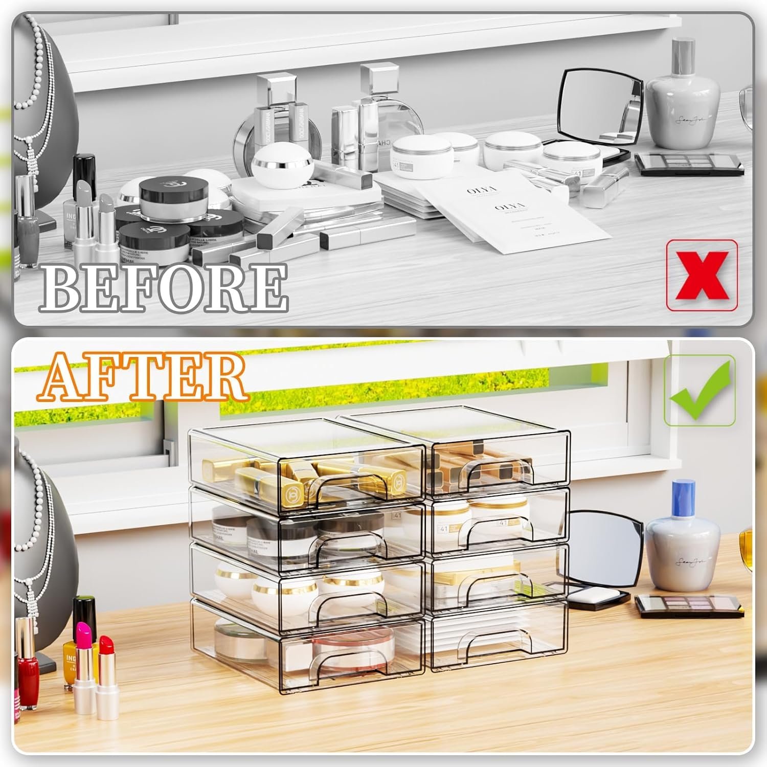 Yieach 2.2'' Tall Acrylic Clear Stackable Storage Drawer Organizer,8 Pack Desk Organization and Storage,Plastic Office Supply Organizer,Drawer Storage Organizer for Makeup,Accessory,Pen,Art Crafts - Image 9