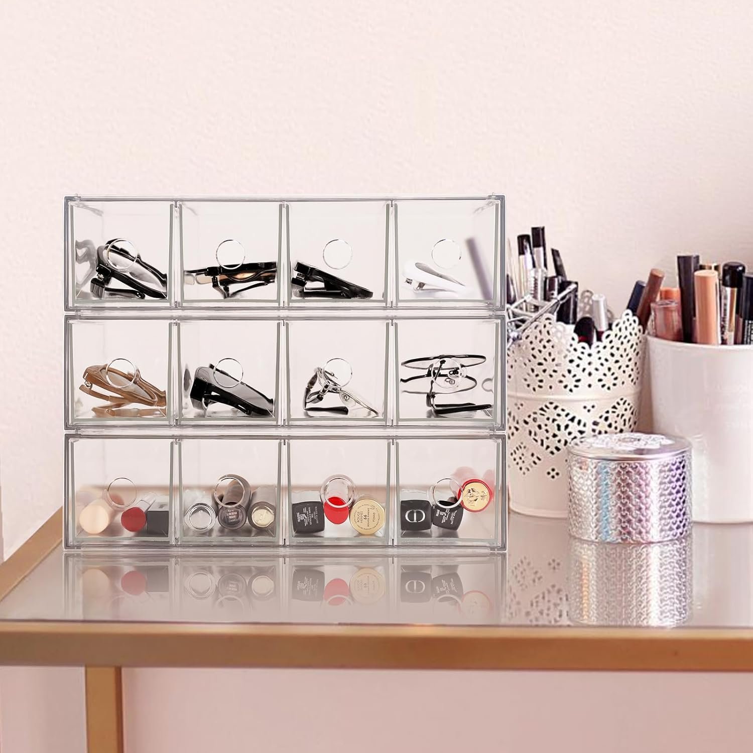 3-Pack Stackable Acrylic Storage Drawers, Desk Organizer Transparent Cosmetic Storage Boxes, 4 Compartment Design Suitable for Stationery, Dressing Table, Sunglasses, Jewelry Storage Organization - Image 7