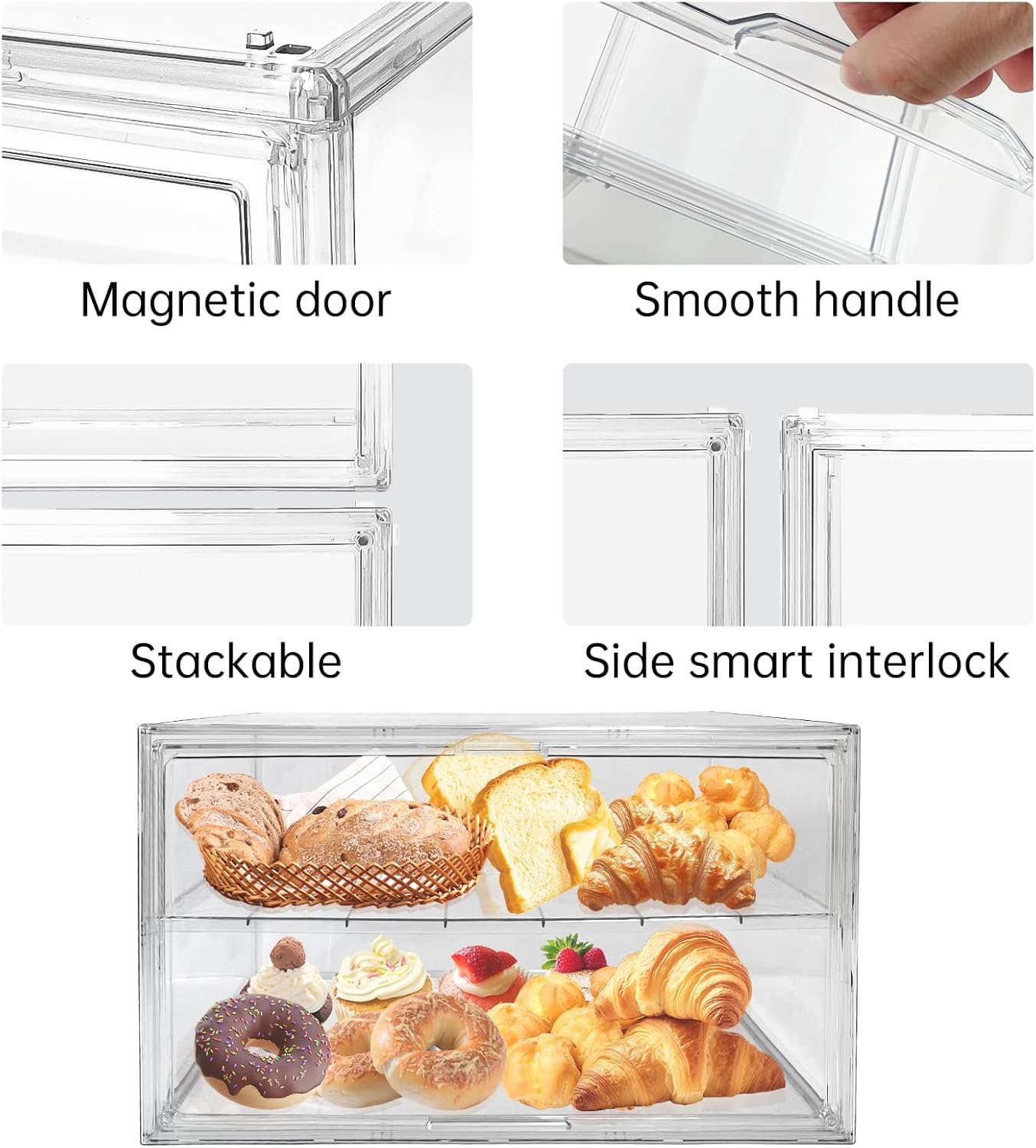 Extra Large 19.7"X14.6"X11.6" Clear Bread Box for Kitchen Counter, Acrylic Pastry Display Case Stackable Storage Container Plastic Bakery Display Case with Magnetic Door - Image 5