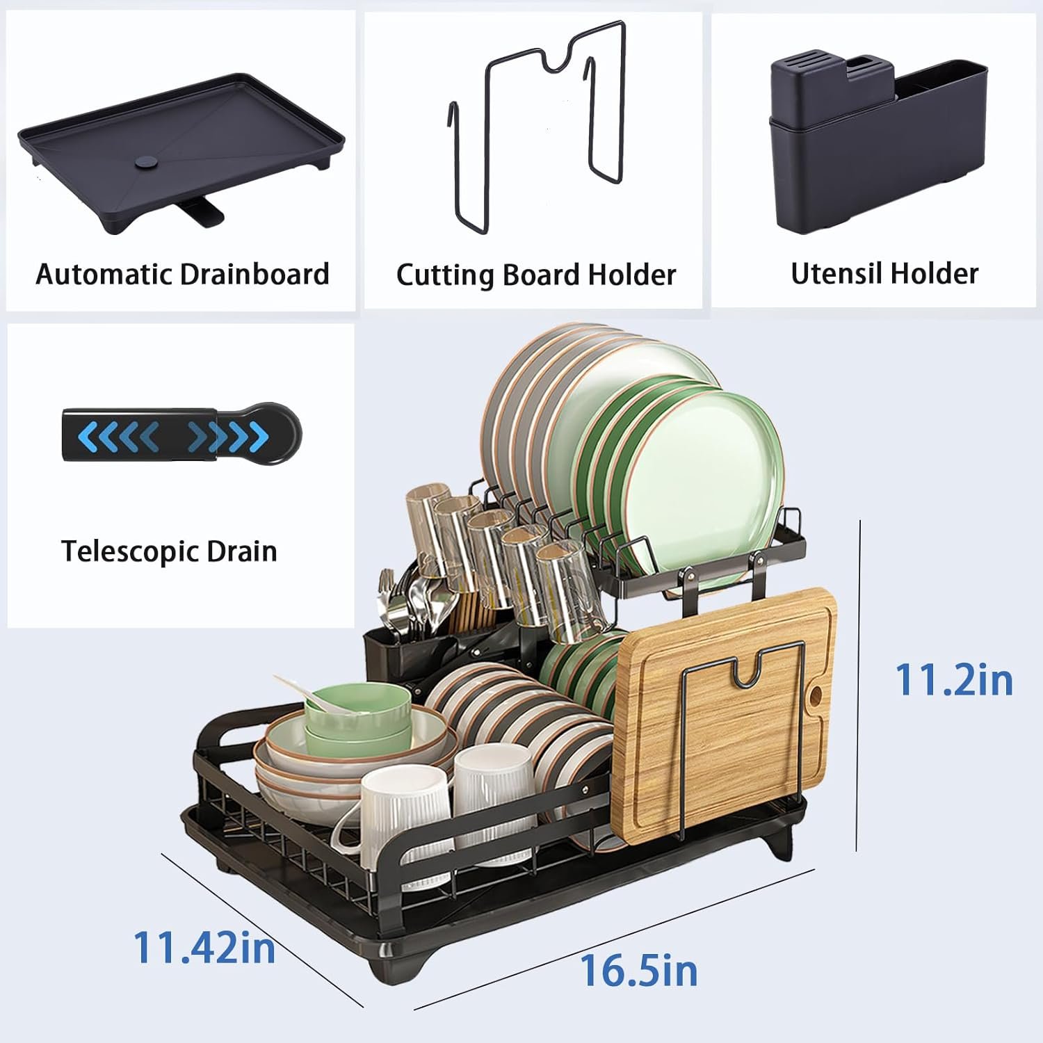 2-Tier Dish Drying Rack for Kitchen Counter - Large Collapsible Dish Rack with Drainboard, Rustproof & Non-Slip Design, Space Saving Dishwasher Rack Dish Drainer -Black - Image 5
