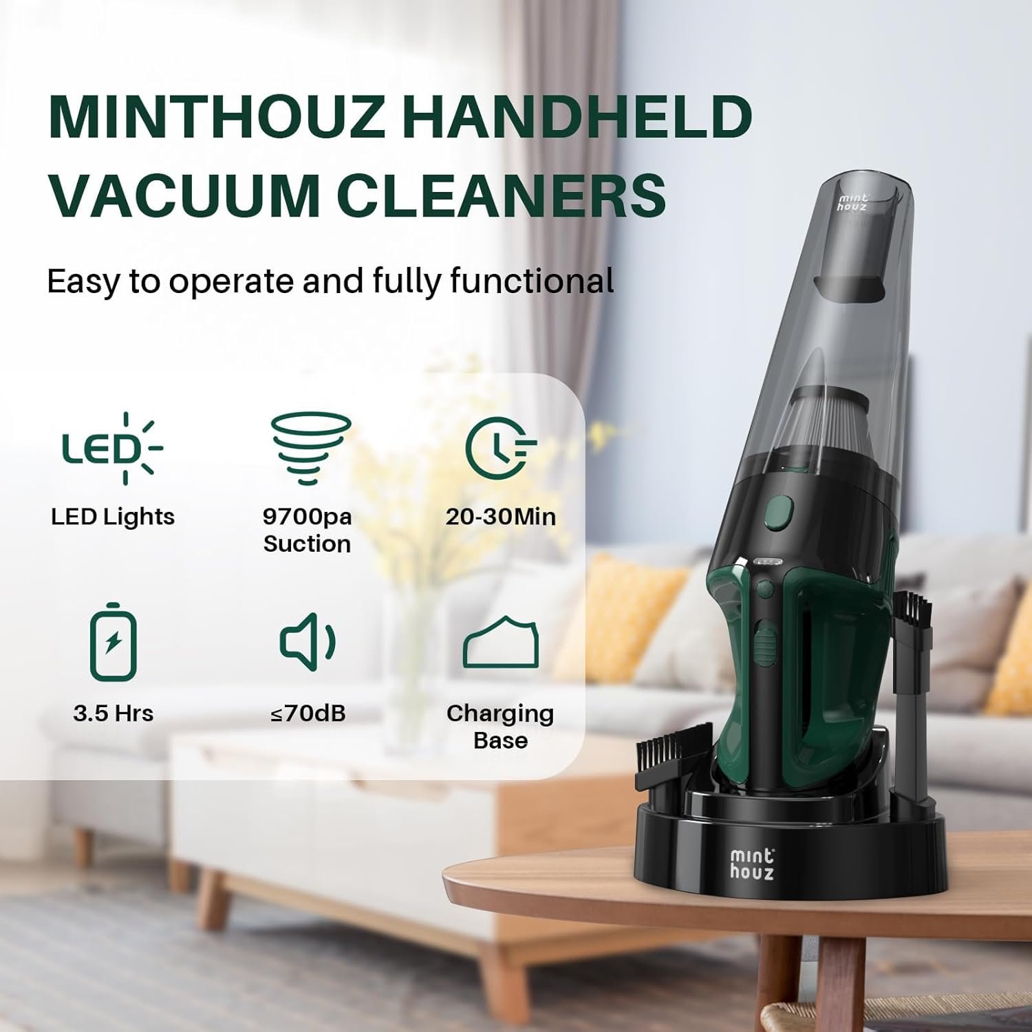 Minthouz Handheld Vacuum Cordless, Strong Suction Car Vacuum Cleaner with LED Light, Long Runtime Hand Vacuum Cordless Rechargeable, Hand Held Vac with Charging Base for Home/Car/Pet/Office - Image 3