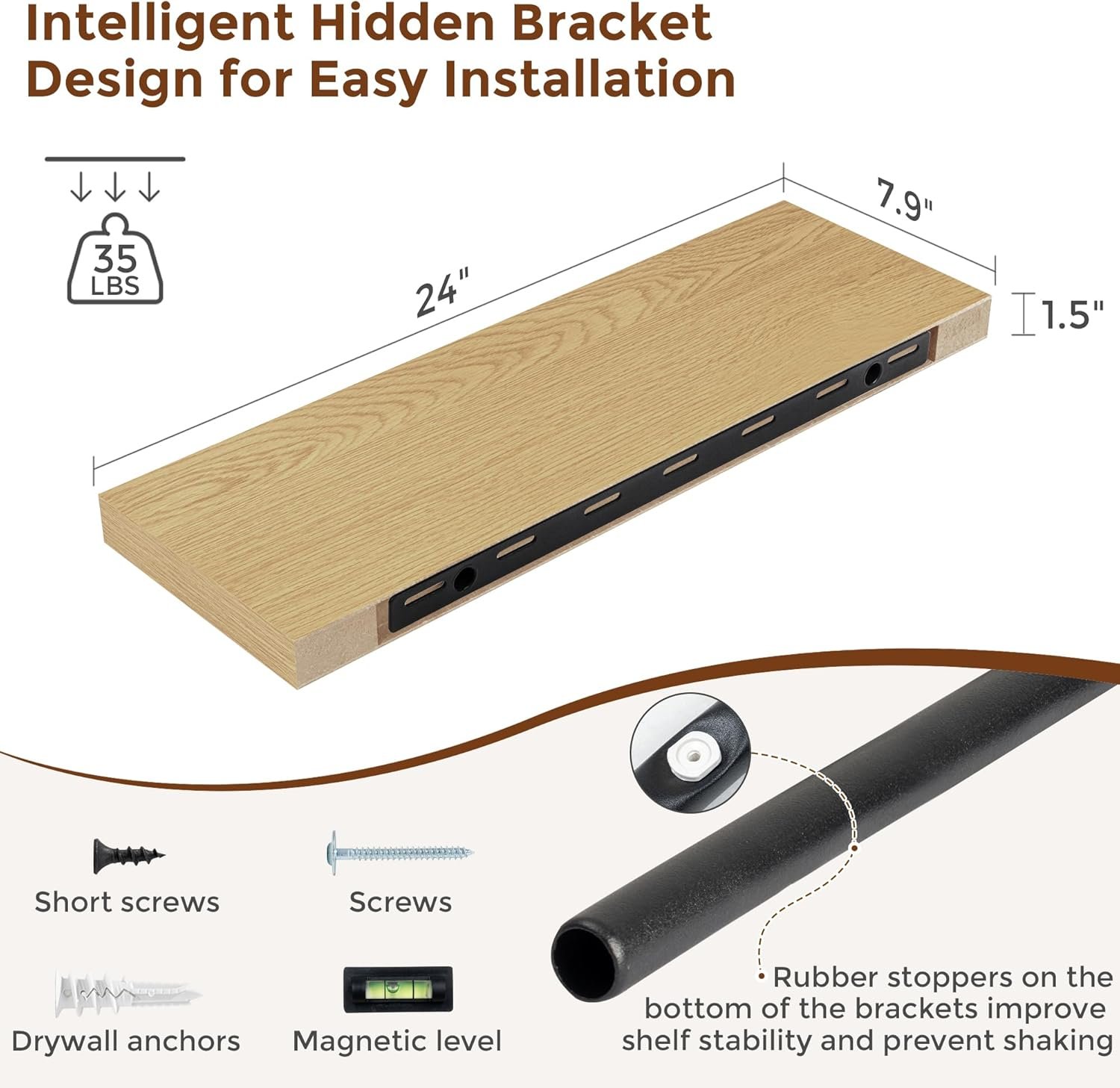 Heimlove 24 Inch Floating Shelves for Wall Oak Shelves Set of 2,Wall Mounted Rustic Wood 8 Inch Deep Floating Shelf with Invisible Brackets for Bedroom Kitchen Living Room - Image 4