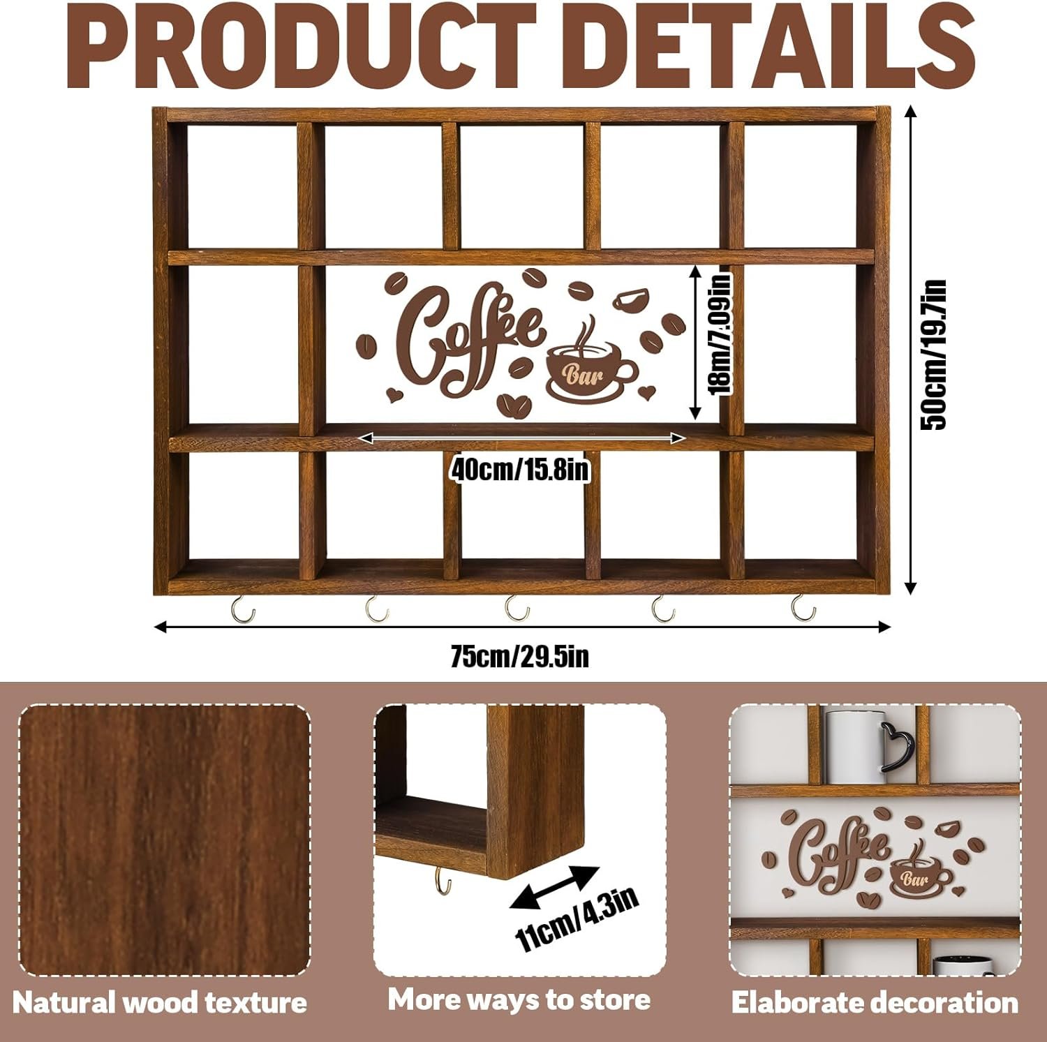 Oversize Coffee Mug Display Shelf for Wall Wood Coffee Mug Rack Wall Mounted Shelf Cubes Cup Hooks Hanger with Bar Sign Decor for Kitchen Station Bar Accessories(Rustic Brown) - Image 8