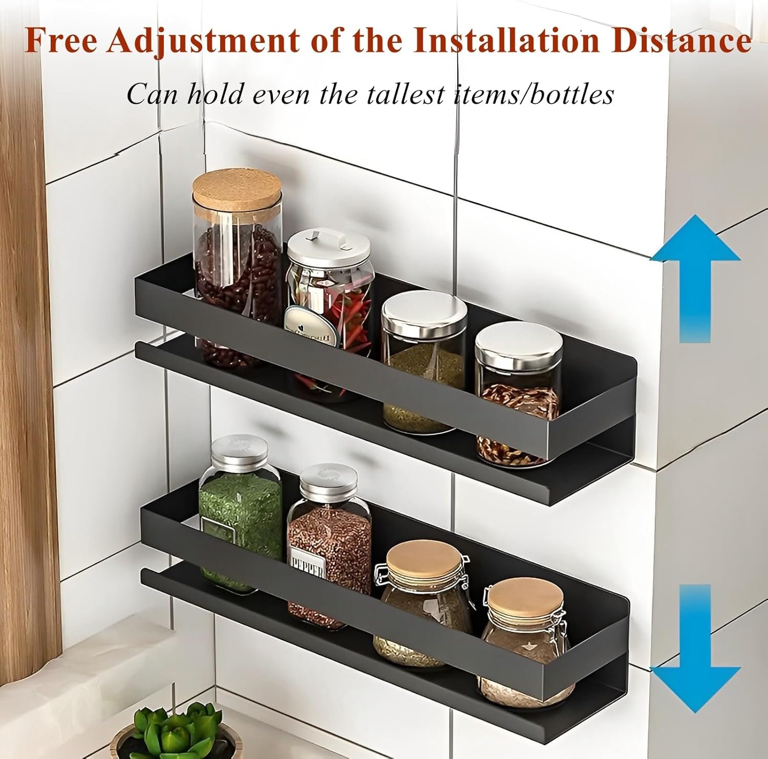 Floating Stainless Steel Shelves with Baking Paint Technique Rust Protection, Nail-Free Wall Mounted Spice Rack for Kitchen,Storage Organizer Shelves,Set of 1 Black - Image 6