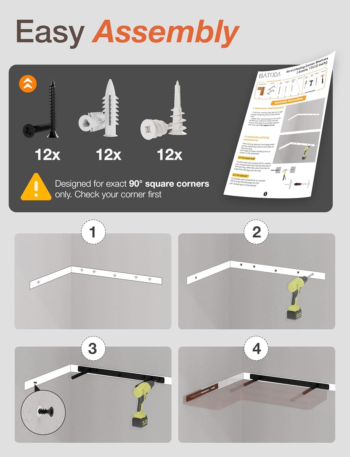 BATODA Acacia Wood Corner Floating Shelves 17" x 12"– Corner Shelf Wall Mounted - Floating Book Shelves for Wall - Brackets and Shelving Hardware Included for Kitchen, Living Room, Bathroom (Set 2) - Image 5