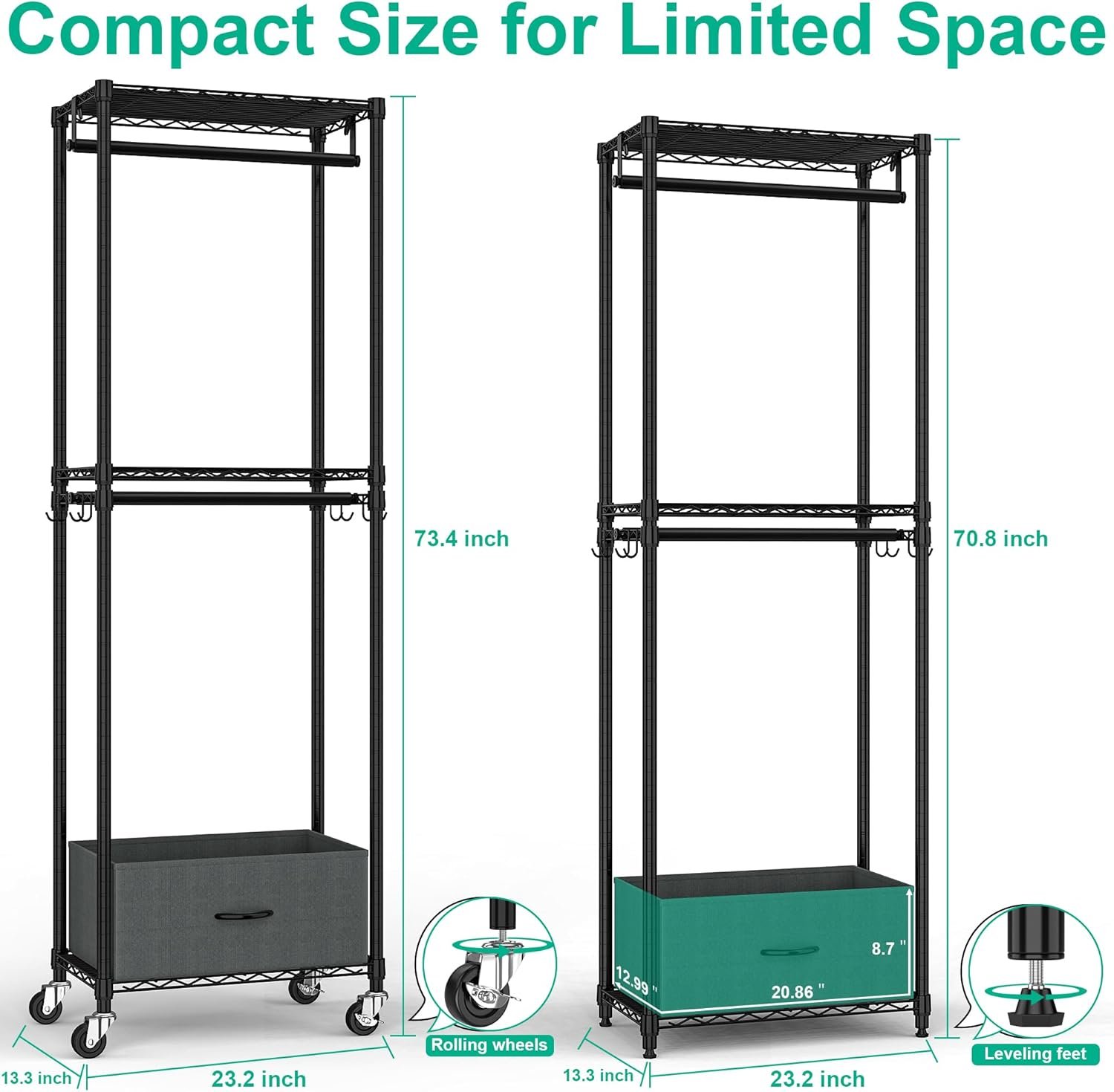 Rolling Clothes Rack, 3 Tier Garment Rack for Hanging Clothes, Metal Wire Wardrobe with Drawer Rods Portable Closet Organizer Freestanding Clothing Shelf with Wheels, Black - Image 4