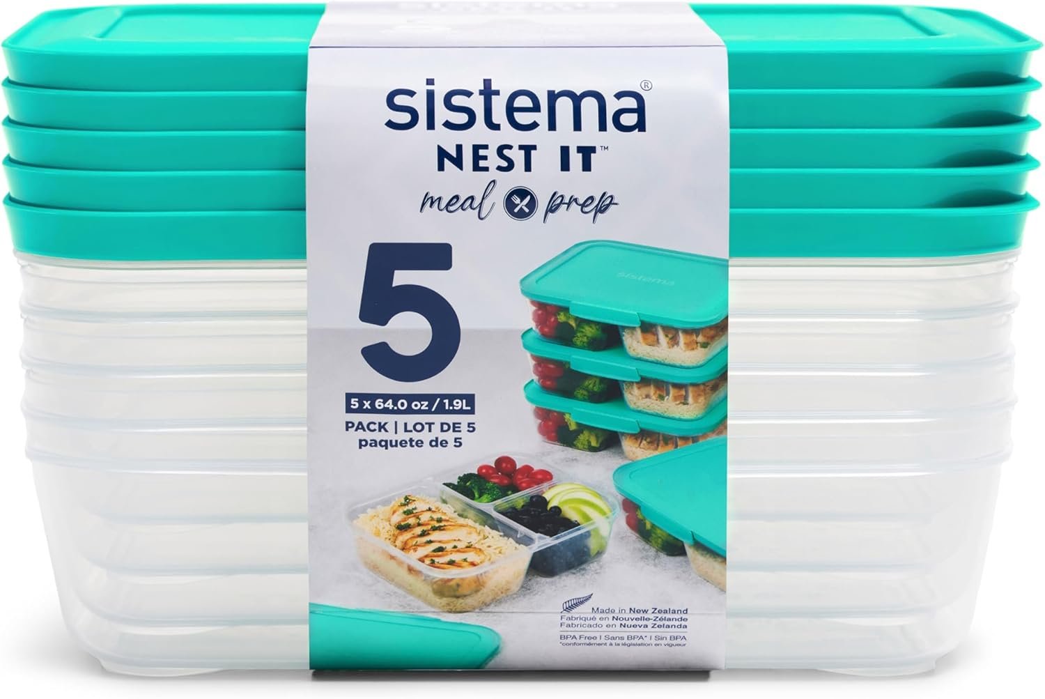 Sistema Nest It Meal Prep Food Storage Containers, 3 Compartments, 8 Cups, BPA-Free, 5-Pack - Image 2