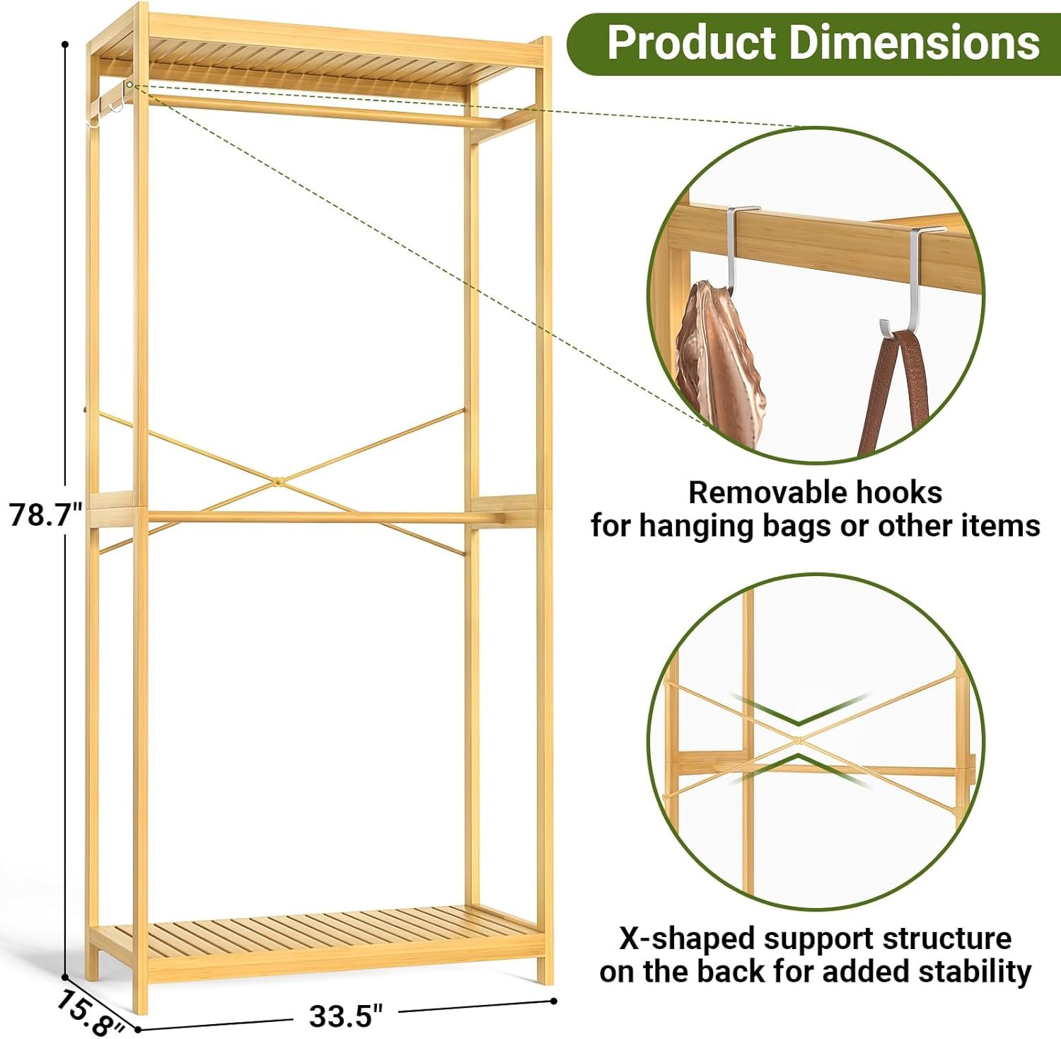 Homykic Bamboo Clothes Rack with Shelves and Double Hang Rods, Portable Closet System Garment Rack for Hanging Clothes, Tall Clothing Rack Corner Closet Organizer, Easy to Built, Natural - Image 6