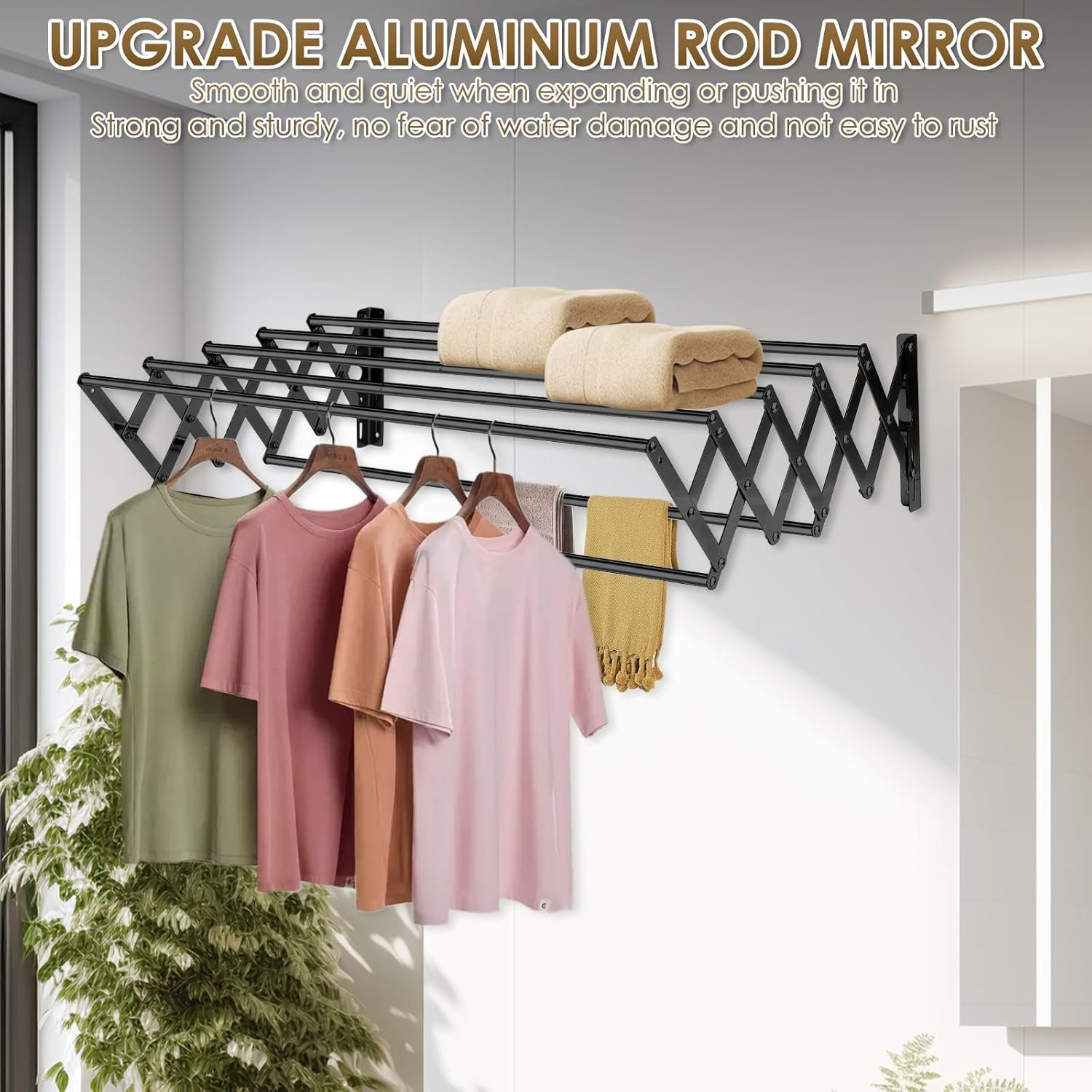 XL-31.5'' Wall Mounted Clothes Drying Rack, 130 lbs Large Capacity Rustproof Retractable Collapsible Drying Rack Easy Install with 7 Drying Rods, Space Saving Towel Clothes Rack for Laundry-Black - Image 7