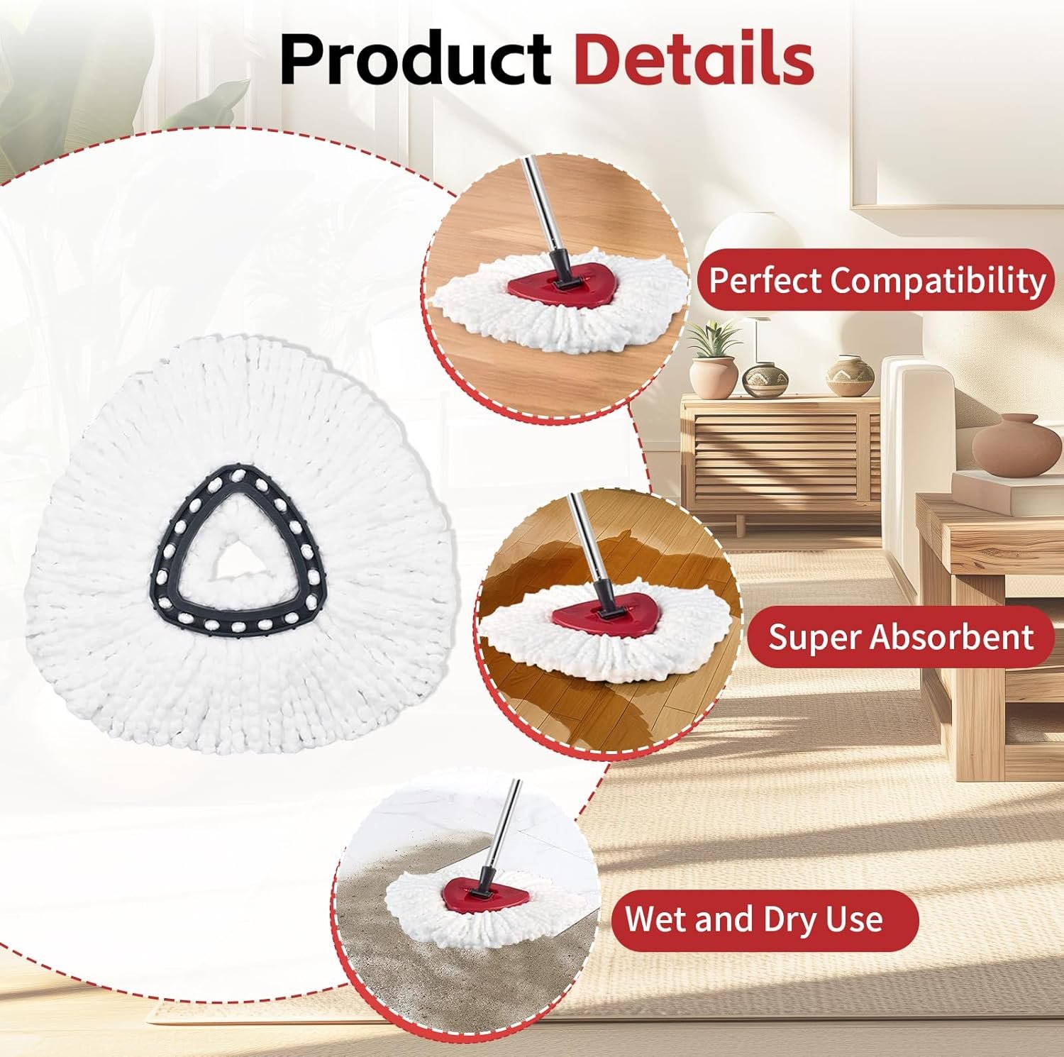 Spin Mop Replace Head, Base, Handle Compatible with O Cedar EasyWring Microfiber Spin Mop, 4 Mop Refills Replacement Heads, 30-58in Mop Handle and 1 Mop Base Combo Set (White (1-Tank System)) - Image 6