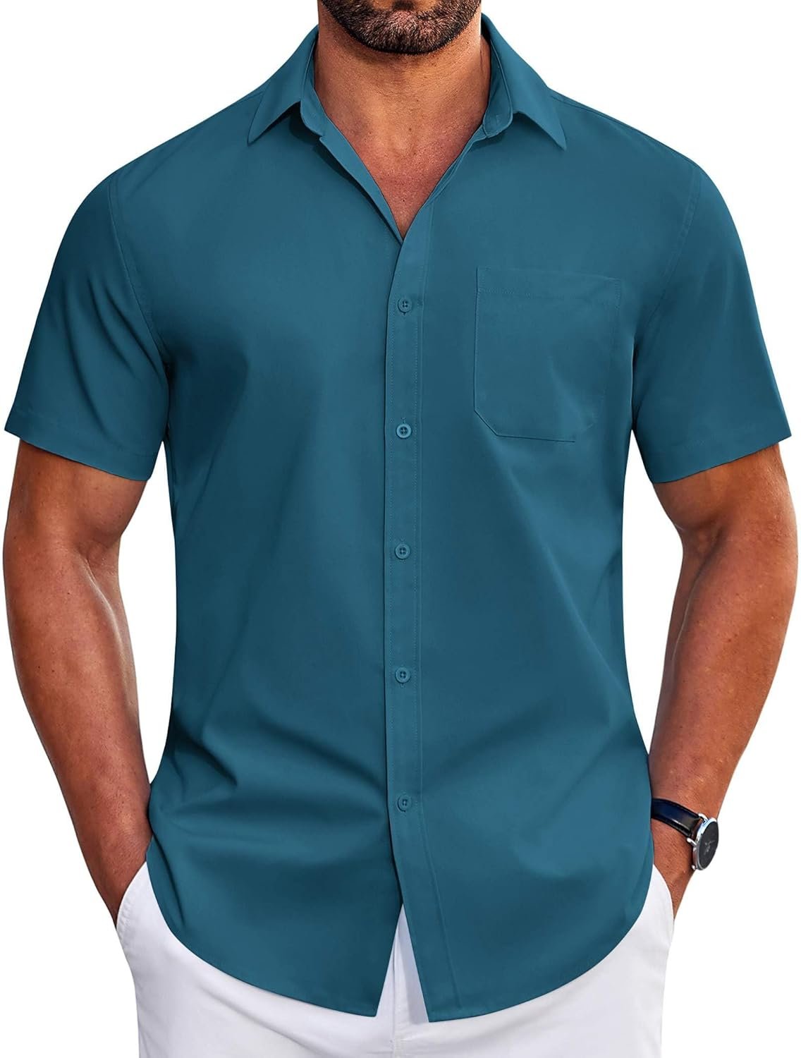 COOFANDY Mens Short Sleeve Dress Shirts Wrinkle Free Business Casual Button Down Shirt with Pocket Blue - Image 2