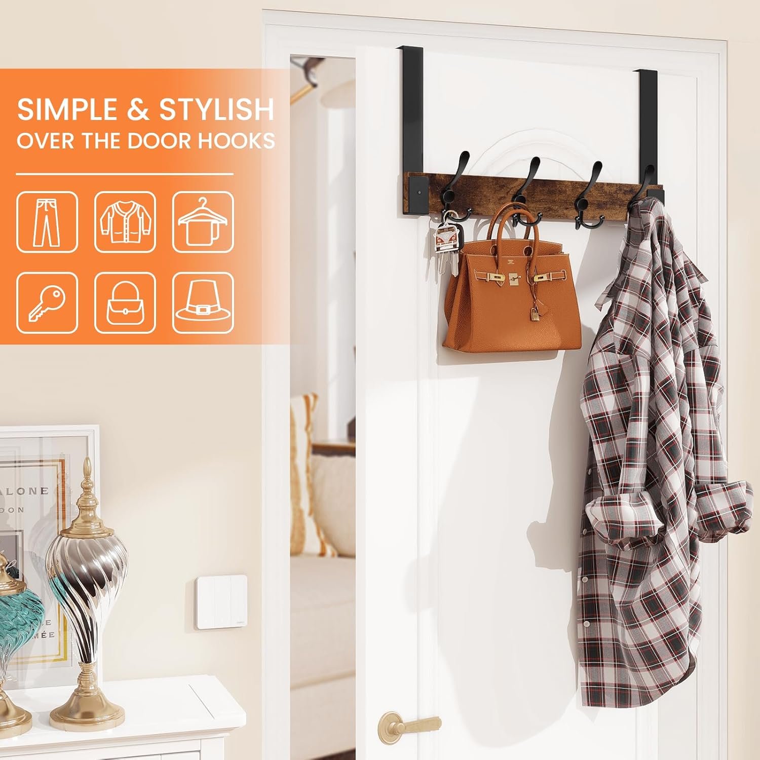 Homode Over The Door Hooks for Hanging, Heavy Duty Wood Over Door Hanger Hook, Over The Door Towel Coat Rack for Bathroom, Back of Door Hooks for Hanging Towels, Clothes, Hats, Rustic Brown Black - Image 4