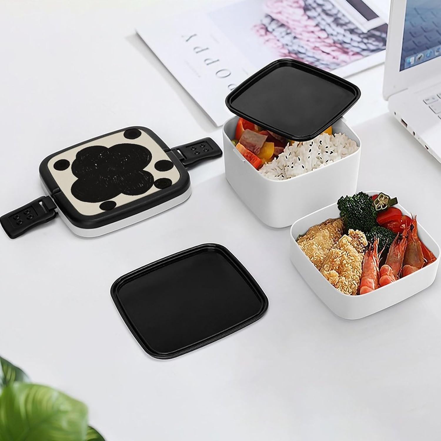 Black & White Big Dot Bento Box with Spoon, 2-layer Stackable Lunch Box Leak Proof with Invisible Handle, Insulated Food Storage for Office, Picnic & Travel - Image 8