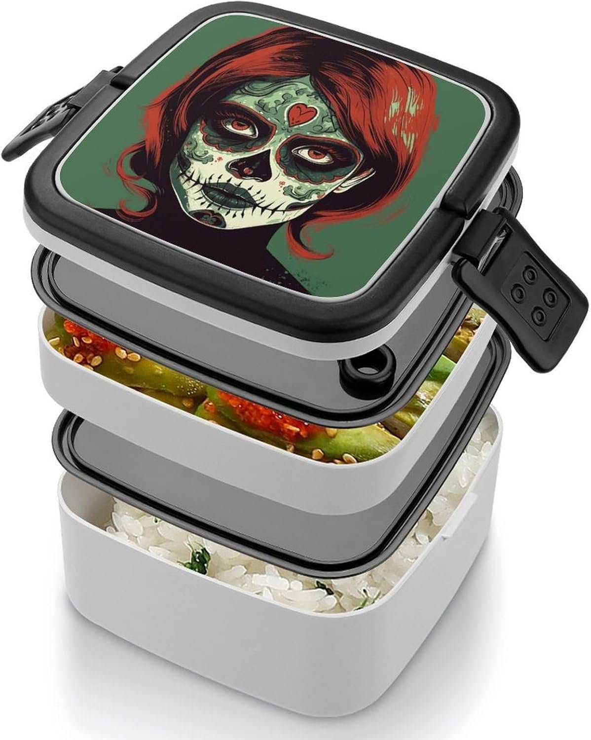 Skull Makeup Bento Box with Spoon, 2-layer Stackable Lunch Box Leak Proof with Invisible Handle, Insulated Food Storage for Office, Picnic & Travel - Image 5