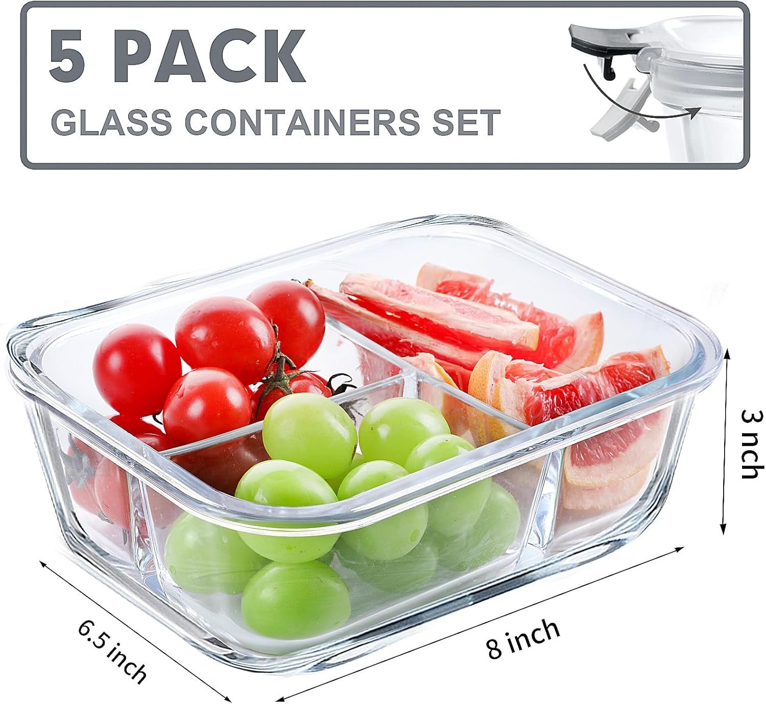 VERONES 5 Pack Glass Meal Prep Containers 3 Compartment Set, 36OZ Airtight Glass Lunch Containers, Glass Food Storage Containers with Lids, for Microwave, Oven, Freezer & Dishwasher Friendly,Grey - Image 3
