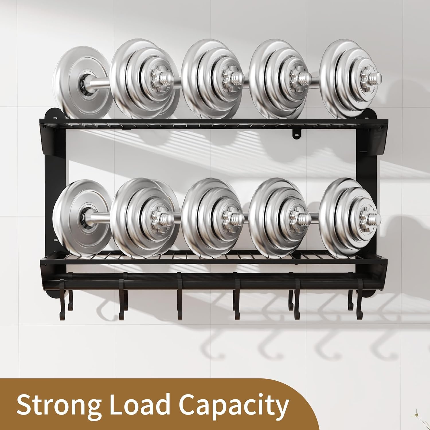 YIGII 30 Inch Pot Rack Wall Mounted, 2-Tier Pots and Pans Organizer with 12 Anti-Drop Hooks, Heavy Duty Kitchen Wall Shelf for Cookware, Lids, Utensils, Black - Image 5