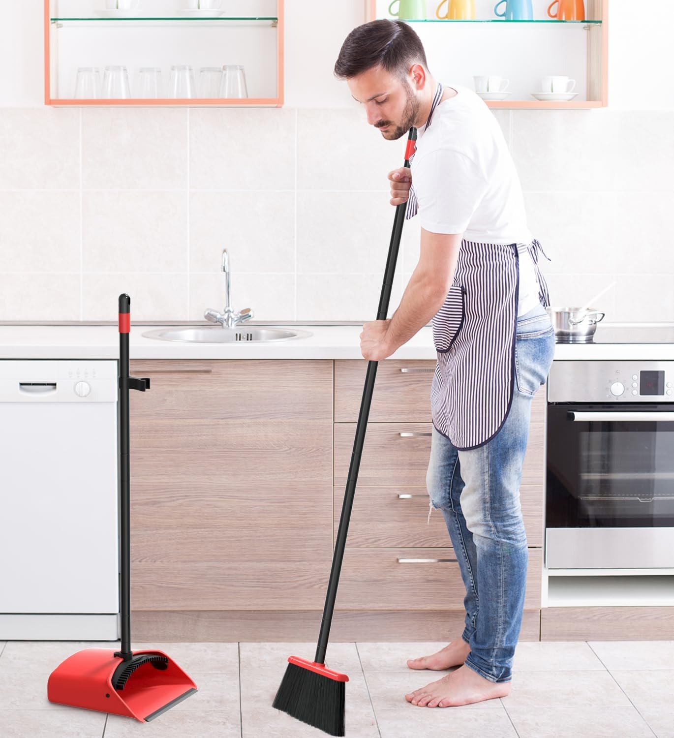 Broom with Dustpan Combo Set,52"" Brooms for Sweeping Indoor Broom and Dustpan Set for Home Kitchen Office Lobby Floor Standing Dust Pan-Red - Image 7