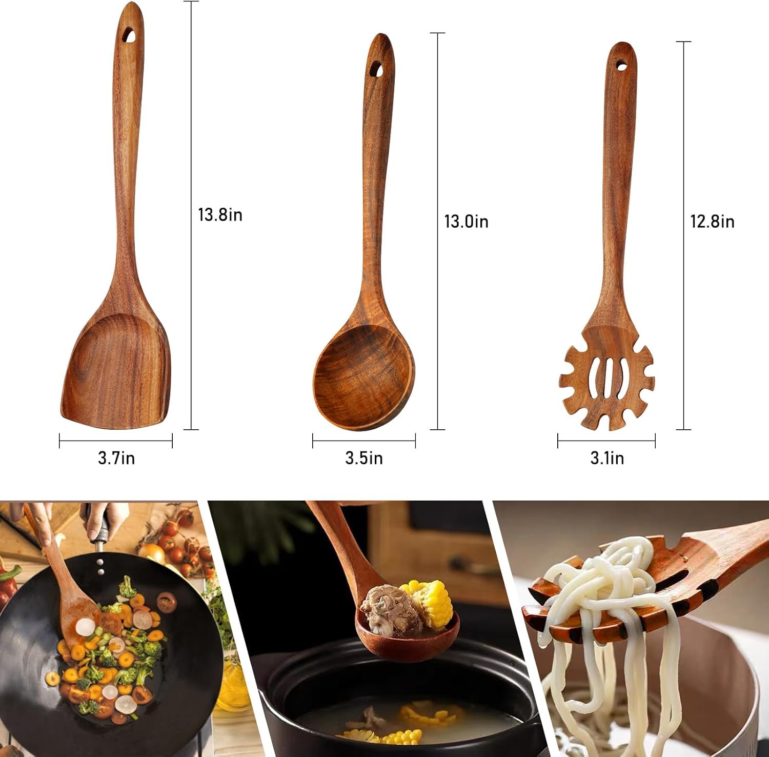 FJNATINH 3-Piece Teak Wooden Wok Spatula Set, Wooden Kitchen Utensil Set, 100% Natural Teak Wood Cooking Utensils - Image 4