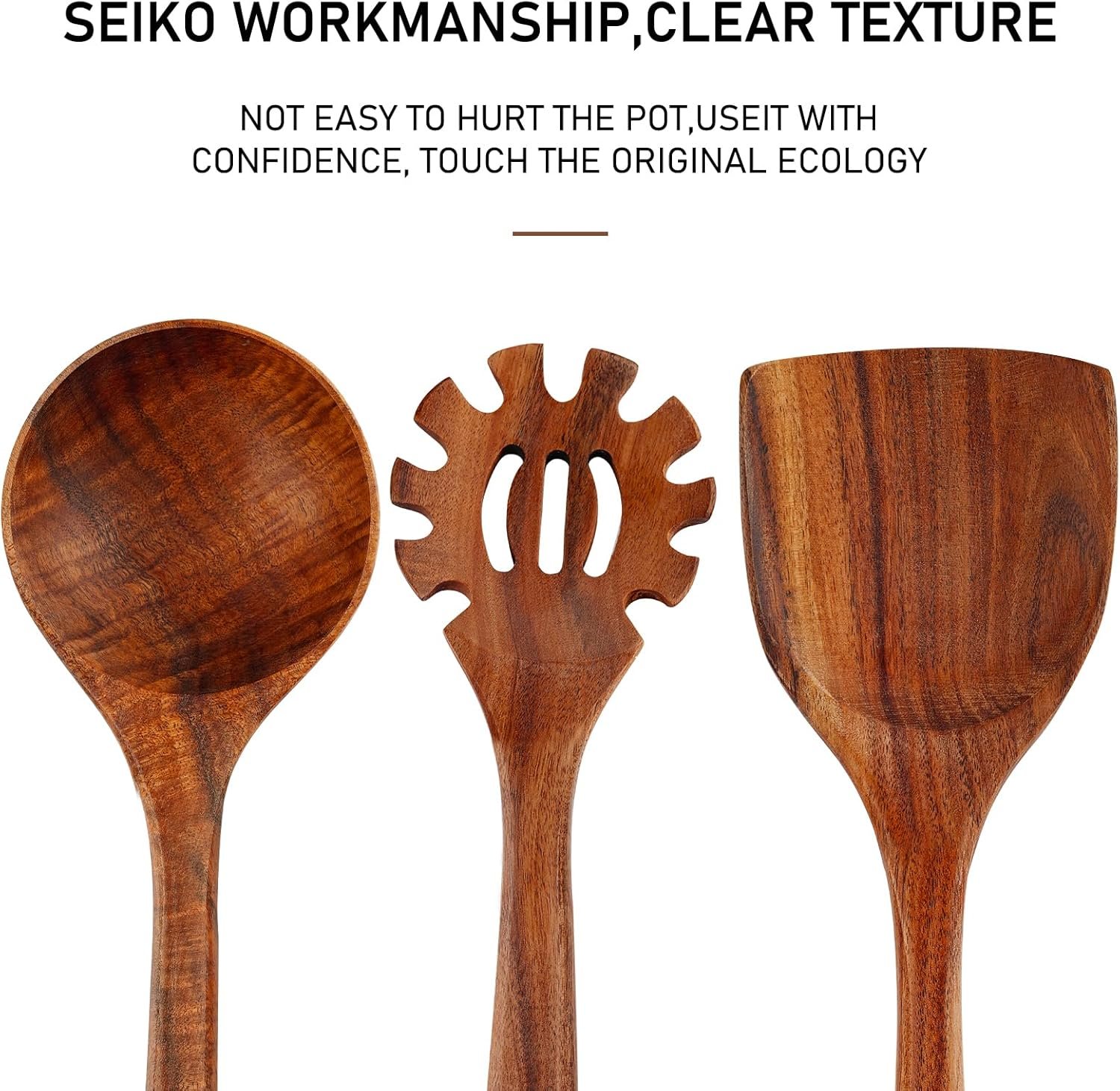 FJNATINH 3-Piece Teak Wooden Wok Spatula Set, Wooden Kitchen Utensil Set, 100% Natural Teak Wood Cooking Utensils - Image 8